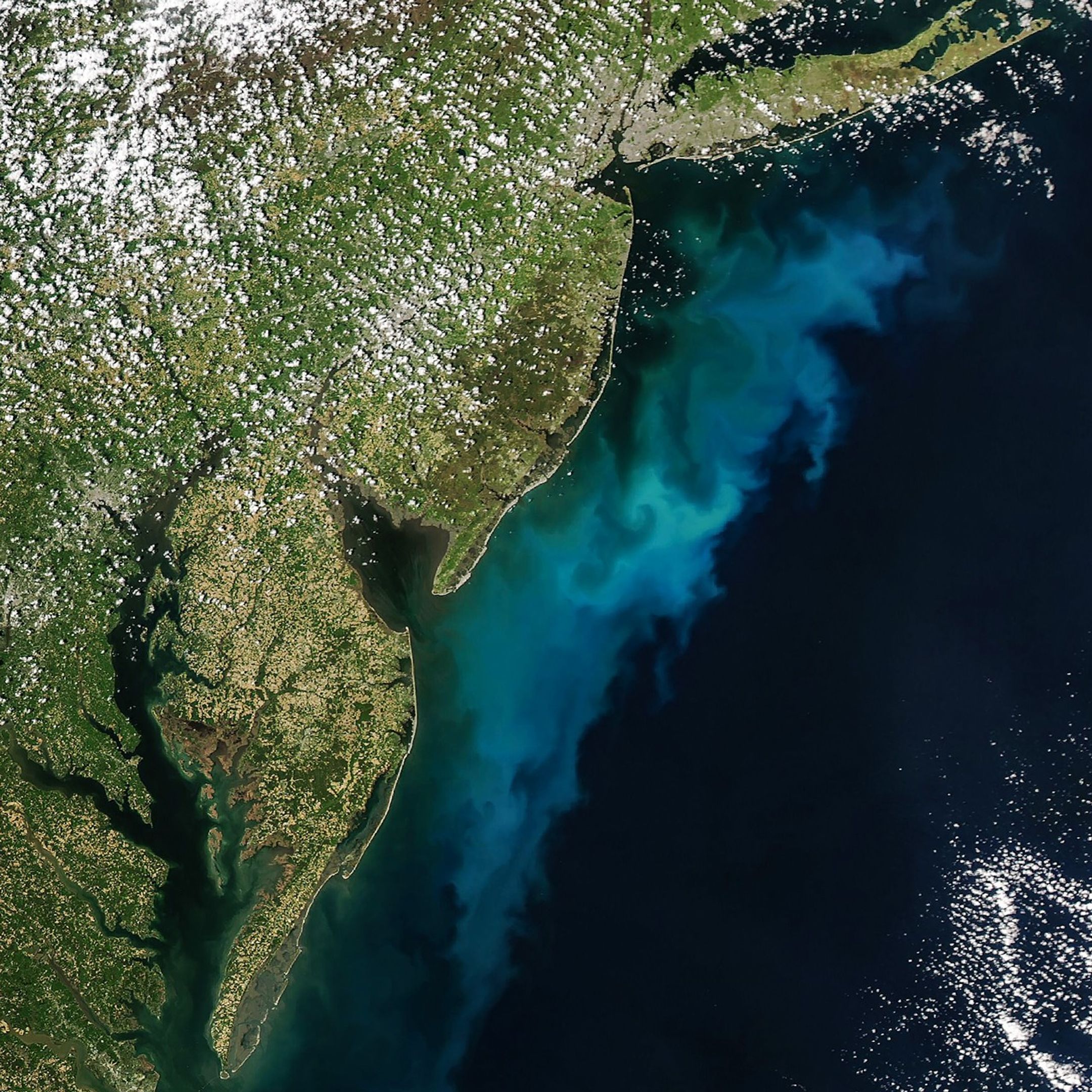Bright milky blue ribbons of water are visible along the coast along with patches of brown and green in some areas.