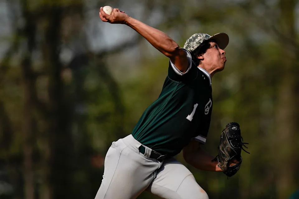 DePaul pitcher Jason Amalbert (1) pitches the ball in a game against the Passaic Valley Hornets at Passaic Valley High School, Apr 24, 2025, Little Falls, New Jersey, United States. Yannick Peterhans/NorthJersey.com