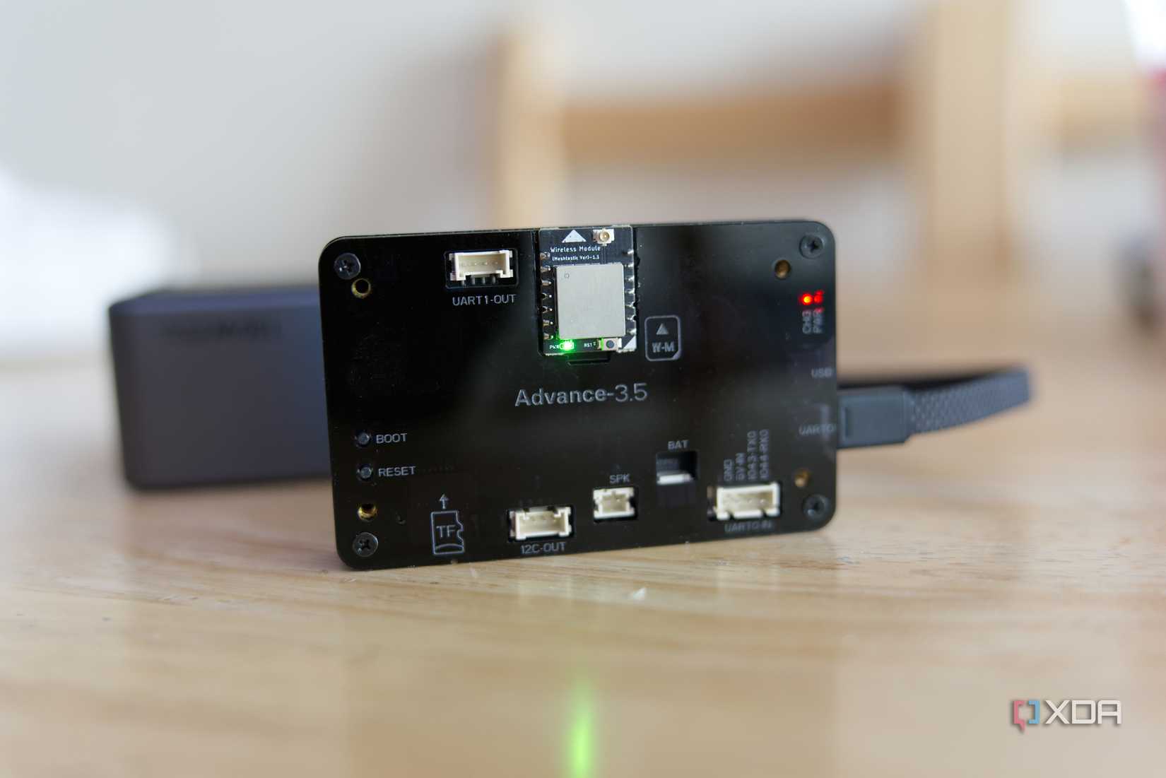 Elecrow CrowPanel Advance 3.5 with Meshtastic, showing the LoRa add-on, UART, and other ports