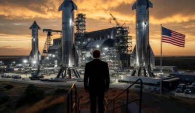 Rendering of Elon Musk overlooking a Starship fleet (Credit: Grok)