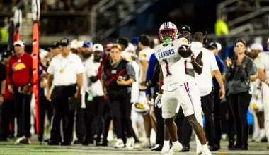 Kansas wide receiver Emmanuel Henderson Jr. celebrates during the 2025 college football season.