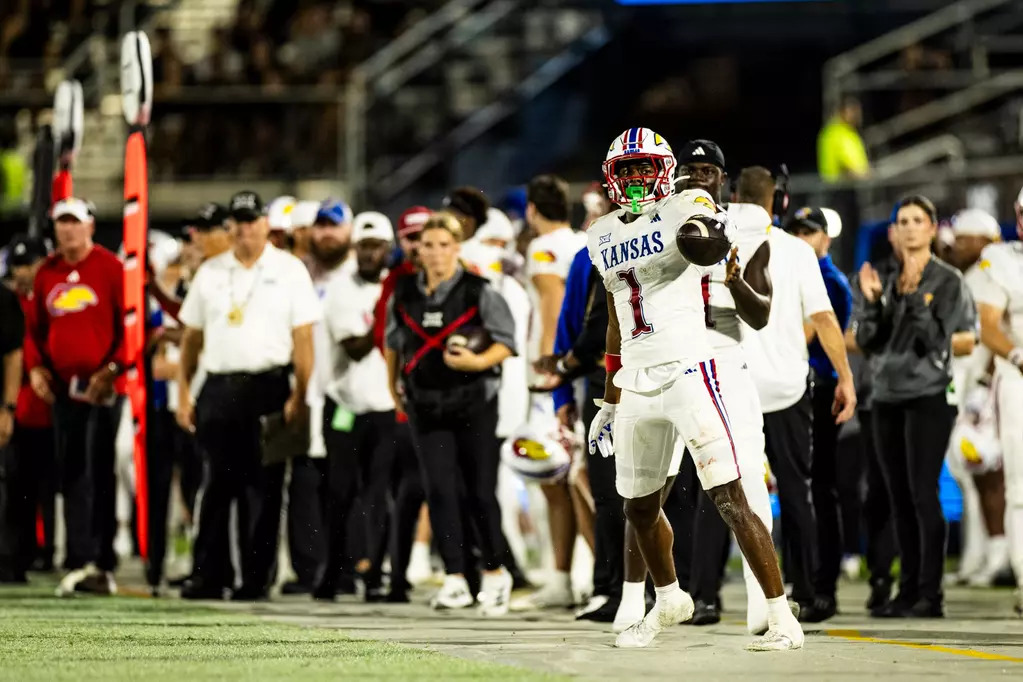 Kansas wide receiver Emmanuel Henderson Jr. celebrates during the 2025 college football season.