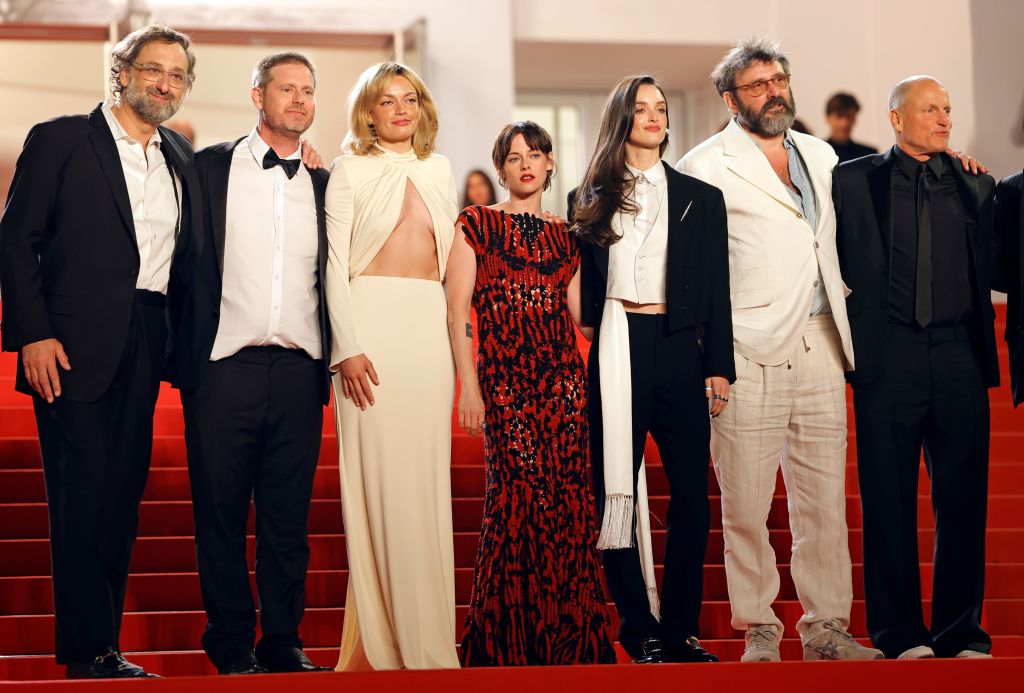 Eric Wareheim, Tim Heidecker, Emma Mackey, Kristen Stewart, Charlotte Le Bon, Quentin Dupieux and Woody Harrelson attend the "Full Phil" screening during the Cannes Film Festival 