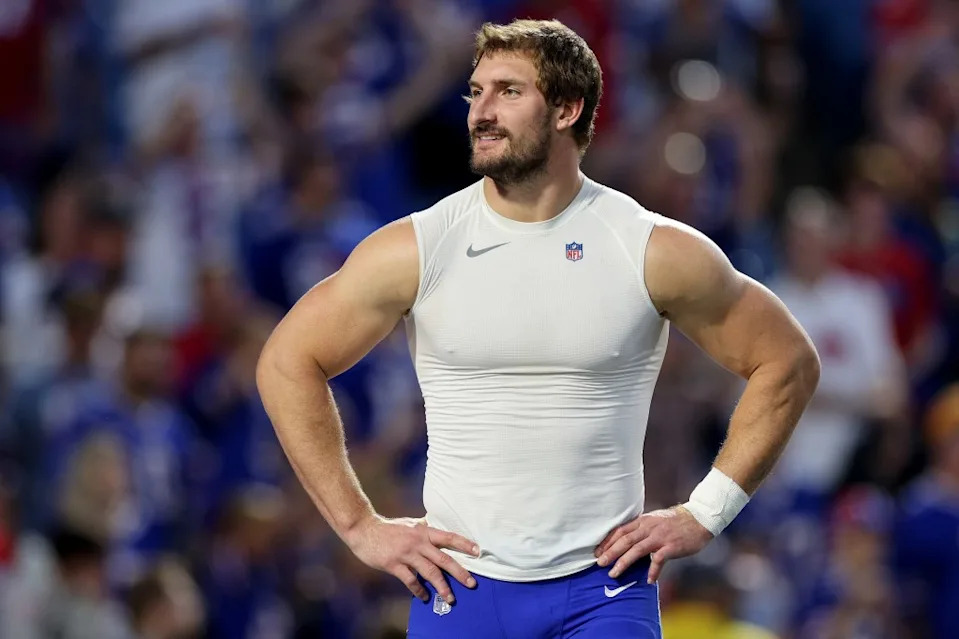 ORCHARD PARK, NEW YORK – SEPTEMBER 18: Joey Bosa #97 of the <a class="link " href="https://sports.yahoo.com/nfl/teams/buffalo/" data-i13n="sec:content-canvas;subsec:anchor_text;elm:context_link" data-ylk="slk:Buffalo Bills;sec:content-canvas;subsec:anchor_text;elm:context_link;itc:0" data-yga="{"yLinkElement":"context_link","yModuleName":"content-canvas","yLinkText":"Buffalo Bills","ySubModuleName":"anchor_text","yHasCommerce":false}">Buffalo Bills</a> warms up prior to the game against the <a class="link " href="https://sports.yahoo.com/nfl/teams/miami/" data-i13n="sec:content-canvas;subsec:anchor_text;elm:context_link" data-ylk="slk:Miami Dolphins;sec:content-canvas;subsec:anchor_text;elm:context_link;itc:0" data-yga="{"yLinkElement":"context_link","yModuleName":"content-canvas","yLinkText":"Miami Dolphins","ySubModuleName":"anchor_text","yHasCommerce":false}">Miami Dolphins</a> at Highmark Stadium on September 18, 2025 in Orchard Park, New York. (Photo by Bryan M. Bennett/Getty Images)