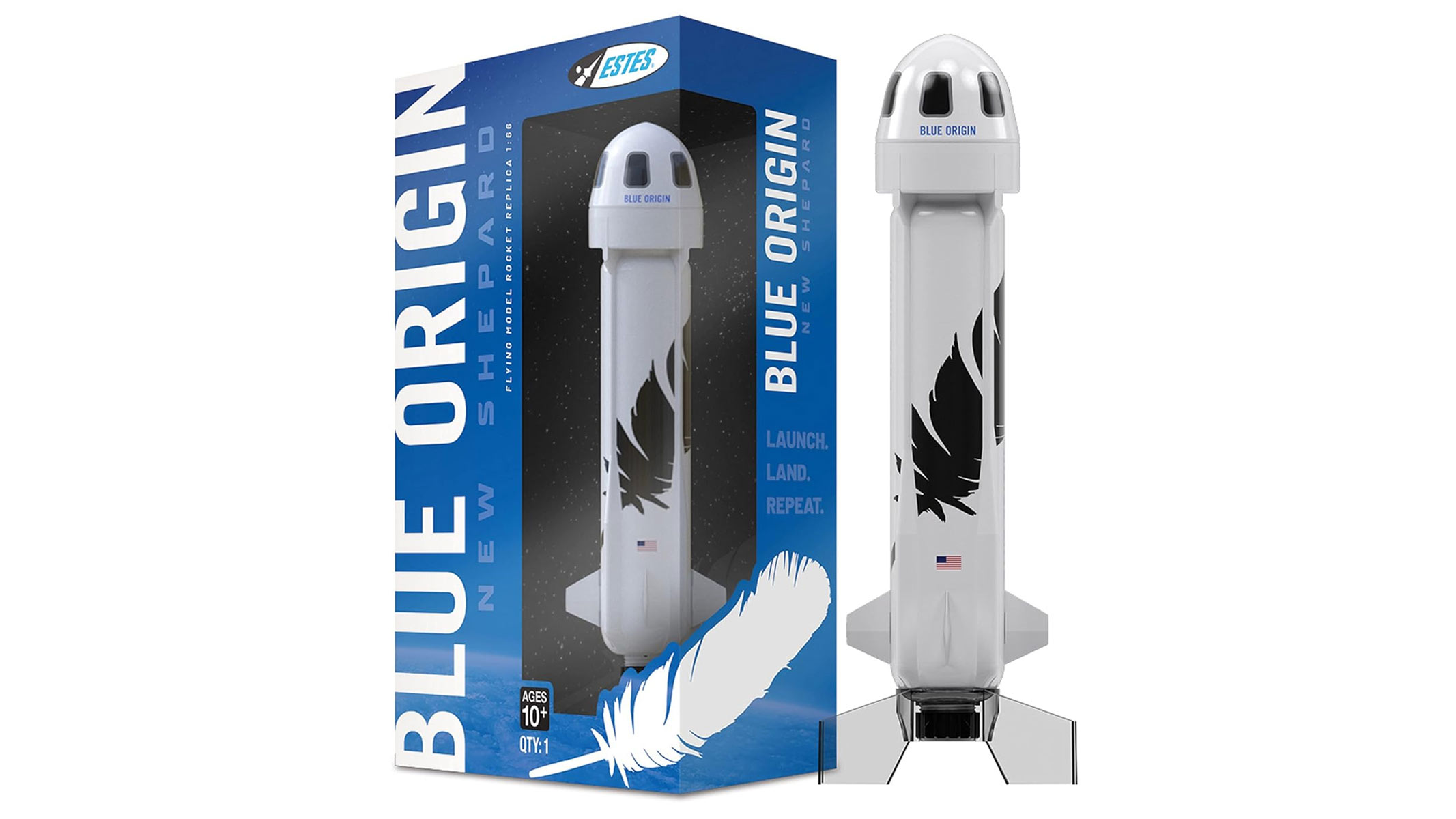 A white rocket with a black feather on the front and a rounded head is next to e a blue product box which reads 