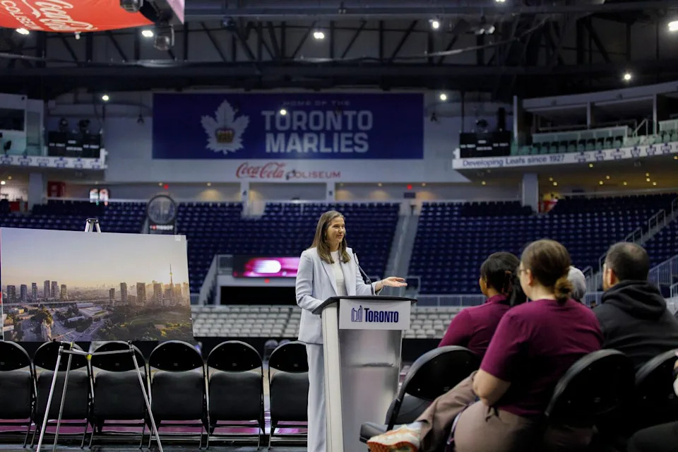 Teresa Resch, president of the Toronto Tempo, speaks at a news conference at Coca-Cola Coliseum announcing a new training facility and community recreation hub, on April 17, 2026.