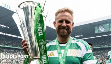 Kasper Schmeichel with the Scottish Premiership trophy