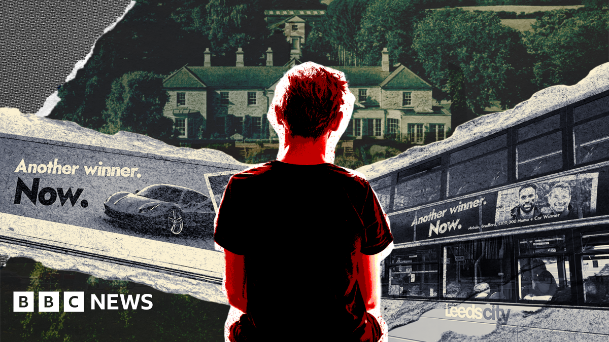A graphic of a person looking at a laptop screen. In the foreground feature adverts for luxury prizes won via giveaways.