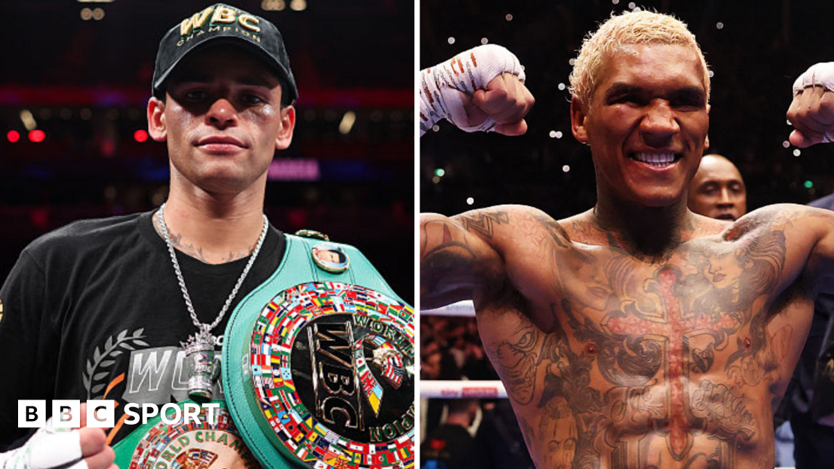 A split picture of Ryan Garcia (wearing a black T-shirt and cap, with the WBC welterweight title over his shoulder) and a shirtless Conor Benn celebrating