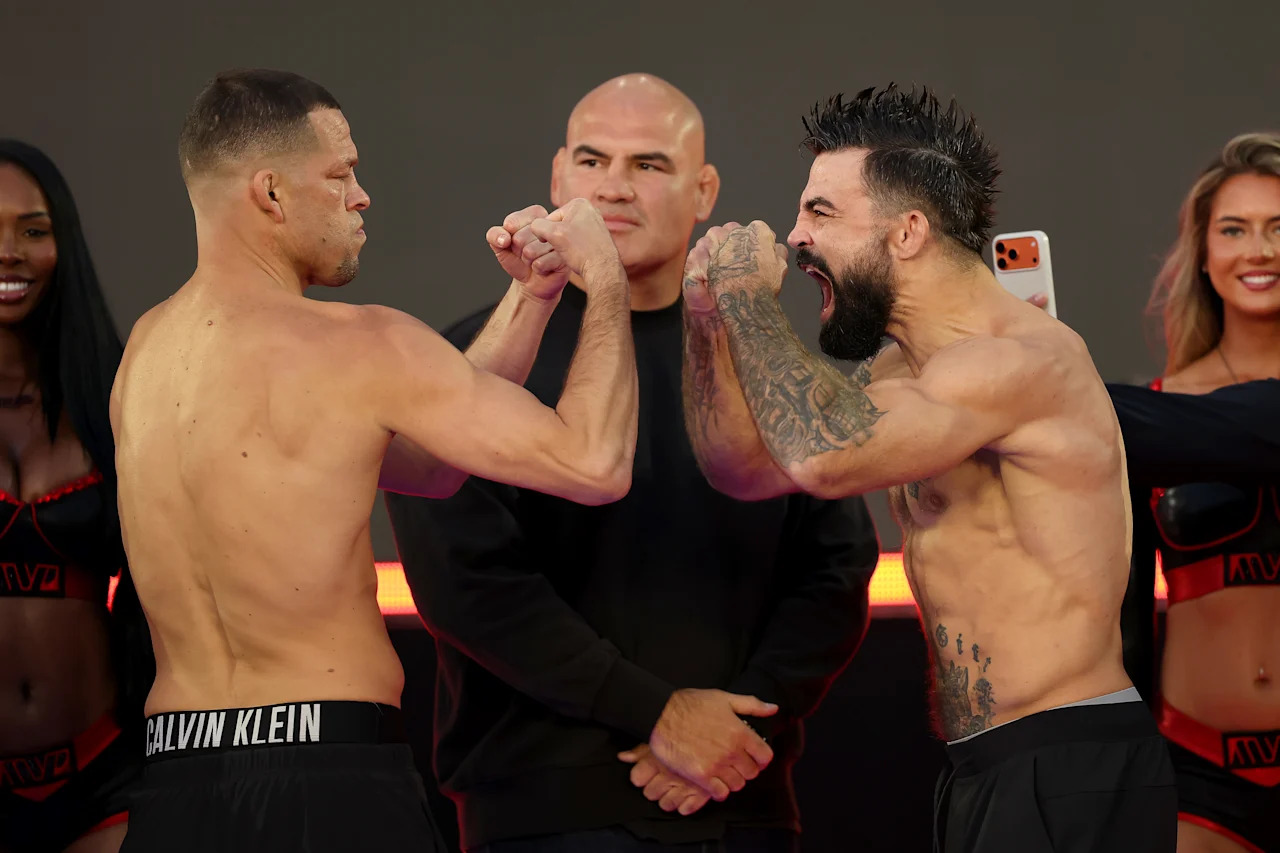 INGLEWOOD, CALIFORNIA - MAY 15: Nate Diaz faces off against Mike Perry during the Weigh-In for Netflix's Ronda Rousey vs. Gina Carano at Intuit Dome on May 15, 2026 in Inglewood, California. (Photo by Sarah Stier/Getty Images for Netflix)