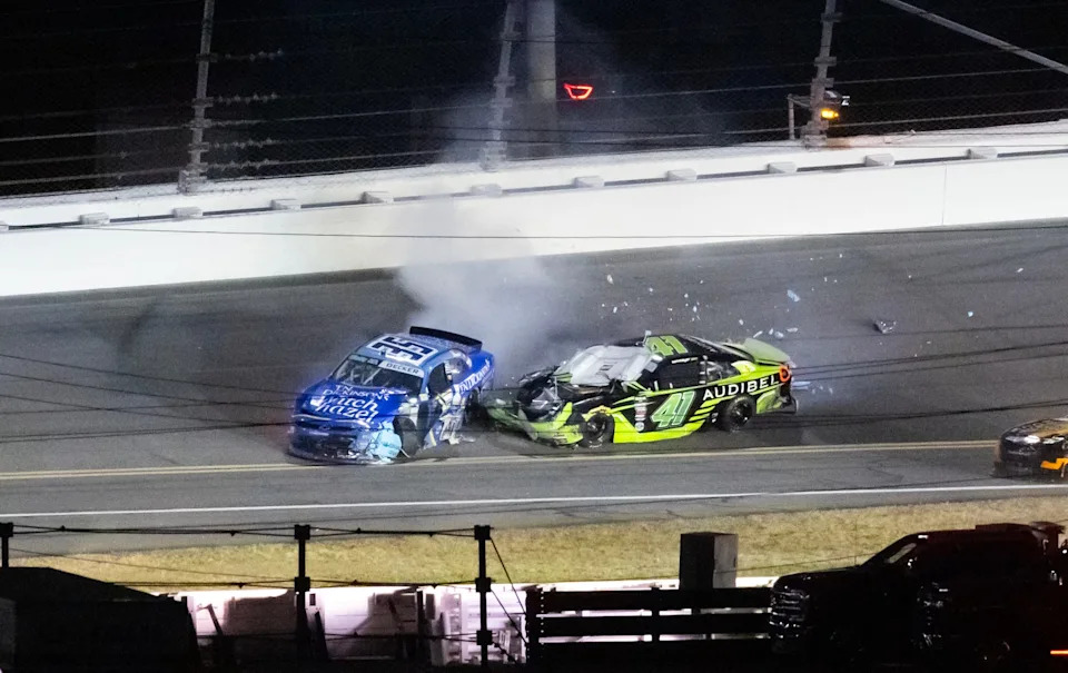 NASCAR O'Reilly Auto Parts Series driver Natalie Decker (35) crashes into Sam Mayer (41) during the United Rentals 300.