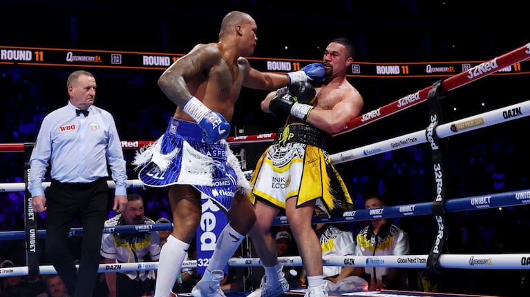 Fabio Wardley TKOs Joseph Parker during the Heavyweight fight between Joseph Parker and Fabio Wardley on the All or Nothing Fight Night at The O2 Arena in London, England.