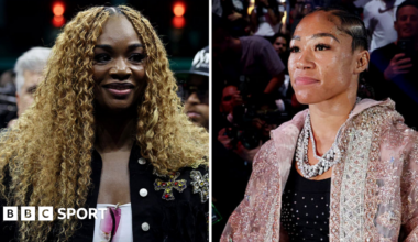 Split image with Claressa Shields wearing a black jacket and Alycia Baumgardner wearing a glittered jacket