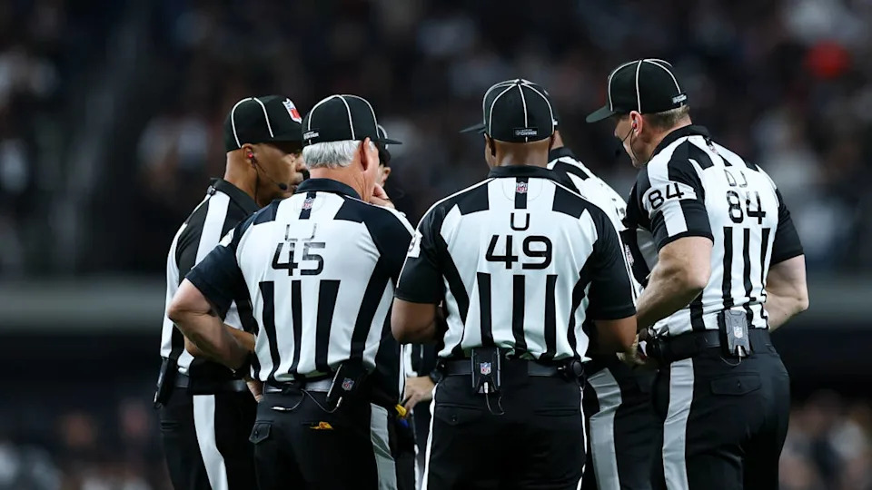 LAS VEGAS, NEVADA - DECEMBER 16: Game officials huddle during the first half between the <a class="link " href="https://sports.yahoo.com/nfl/teams/las-vegas/" data-i13n="sec:content-canvas;subsec:anchor_text;elm:context_link" data-ylk="slk:Las Vegas Raiders;sec:content-canvas;subsec:anchor_text;elm:context_link;itc:0" data-yga="{"yLinkElement":"context_link","yModuleName":"content-canvas","yLinkText":"Las Vegas Raiders","ySubModuleName":"anchor_text","yHasCommerce":false}">Las Vegas Raiders</a> and the <a class="link " href="https://sports.yahoo.com/nfl/teams/atlanta/" data-i13n="sec:content-canvas;subsec:anchor_text;elm:context_link" data-ylk="slk:Atlanta Falcons;sec:content-canvas;subsec:anchor_text;elm:context_link;itc:0" data-yga="{"yLinkElement":"context_link","yModuleName":"content-canvas","yLinkText":"Atlanta Falcons","ySubModuleName":"anchor_text","yHasCommerce":false}">Atlanta Falcons</a> at Allegiant Stadium on December 16, 2024 in Las Vegas, Nevada. (Photo by Aaron M. Sprecher/Getty Images)Aaron M&period; Sprecher&sol;Getty Images