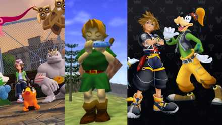 On the left is a screenshot from Pokemon ZA showing a Pokemon trainer sitting on a bench alongside Roserade, Tepig, Machoke, Doublade and Watchog. In the centre is an image of Link from Ocarina of Time playing the ocarina. On the left is an image of Sora and Goofy from Kingdom Hearts.
