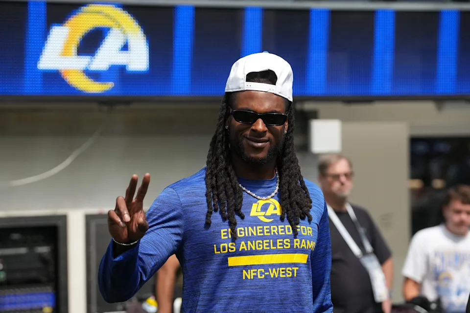 Los Angeles Rams wide receiver Davante Adams reacts during a game against the Los Angeles Chargers at SoFi Stadium.