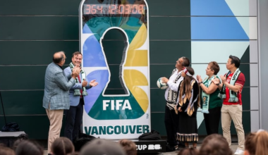 Mayor Ken Sim and other dignitaries unveil a countdown clock to celebrate the one year countdown to the FIFA World Cup 2025 in Vancouver, on June 11, 2025.