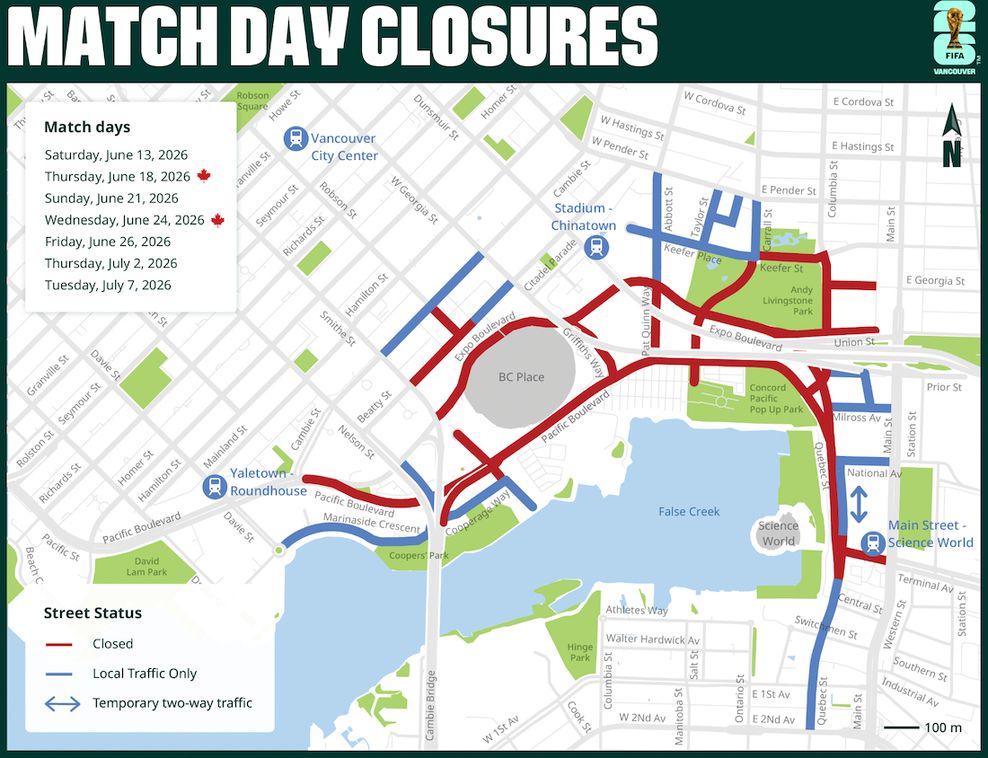 fifa world cup vancouver bc place road closures match days