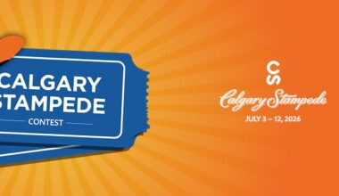 Blue Calgary Stampede Contest ticket with a white cowboy hat on top, orange sunburst background and sponsor logos on the right