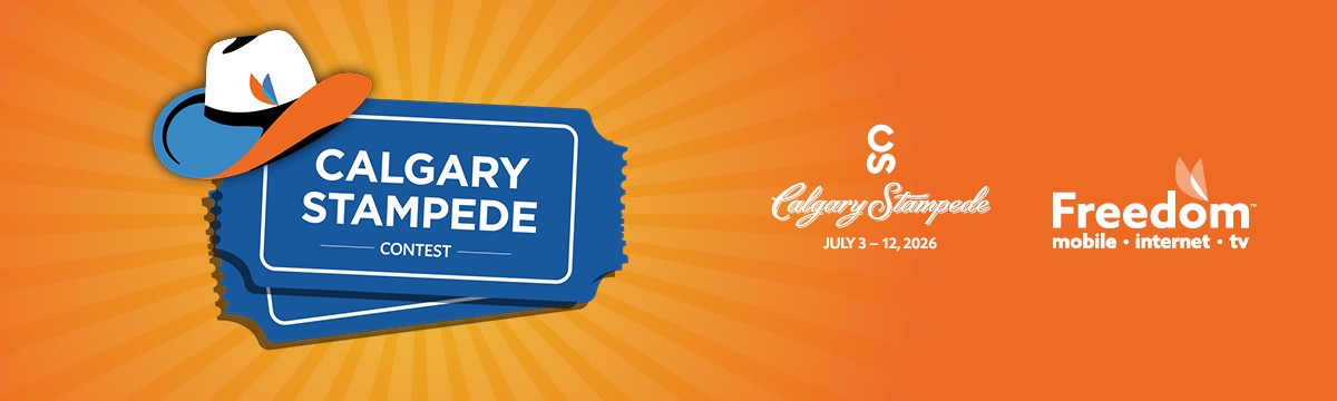 Blue Calgary Stampede Contest ticket with a white cowboy hat on top, orange sunburst background and sponsor logos on the right
