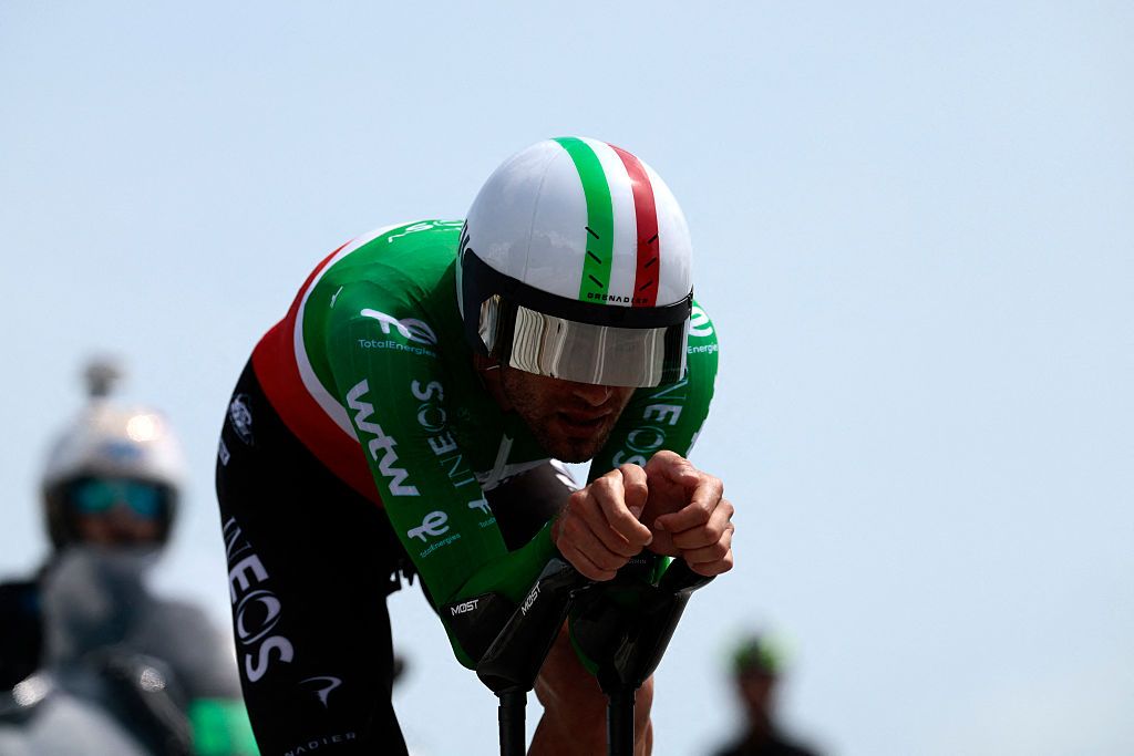 INEOS Grenadiers Italian rider Filippo Ganna competes during the 10th stage of the Giro d'Italia 2026 - Tour of Italy cycling race, 42km individual time trial between Viareggio and Massa on May 19, 2026. (Photo by Luca Bettini / AFP)