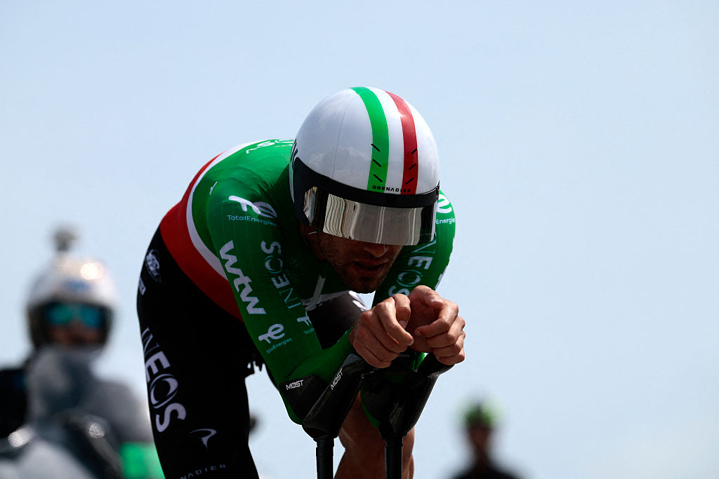 INEOS Grenadiers Italian rider Filippo Ganna competes during the 10th stage of the Giro d'Italia 2026 - Tour of Italy cycling race, 42km individual time trial between Viareggio and Massa on May 19, 2026. (Photo by Luca Bettini / AFP)