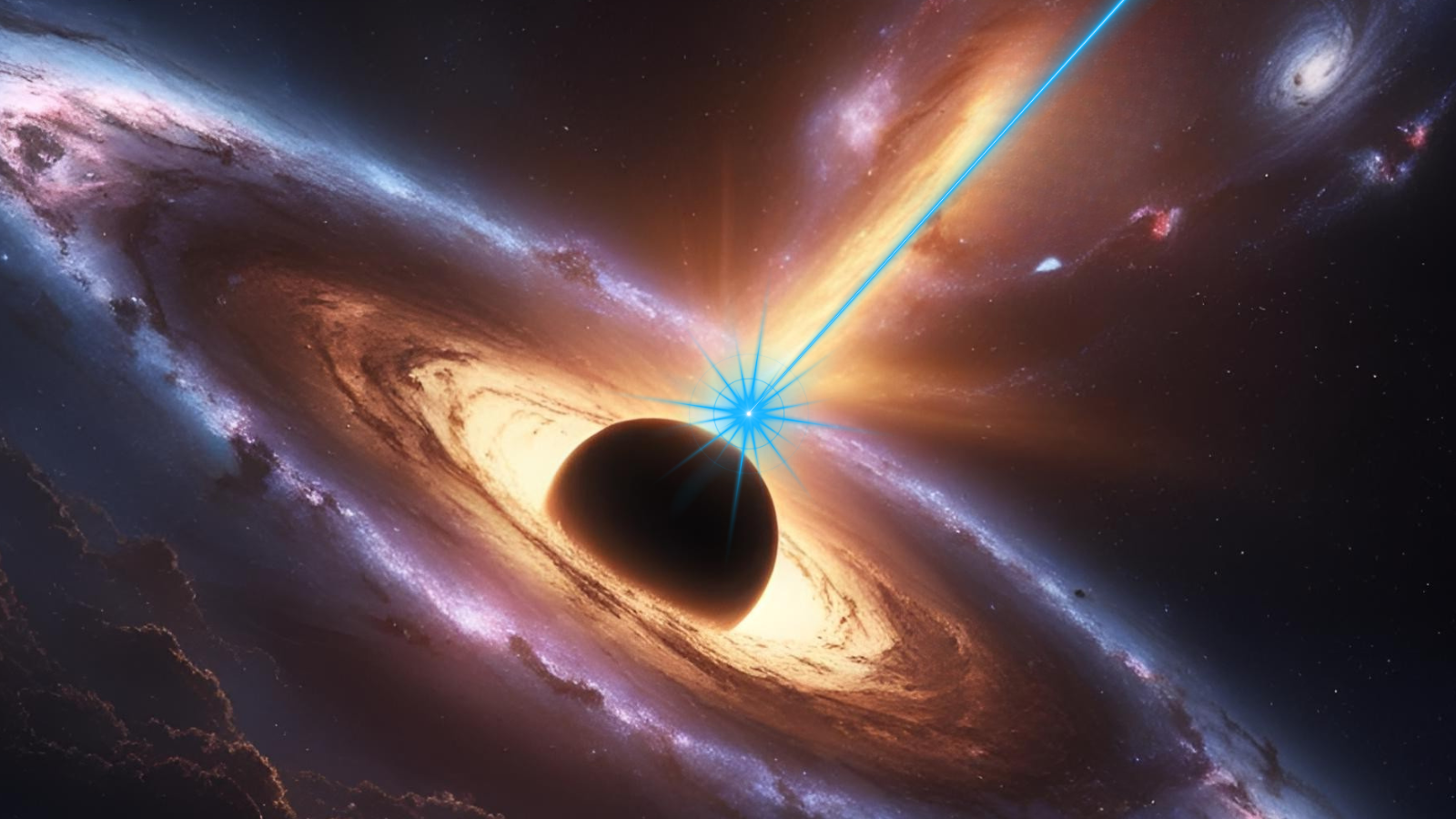 An illustration shows a black hole powered blazar firing a powerful ghost particle at Earth
