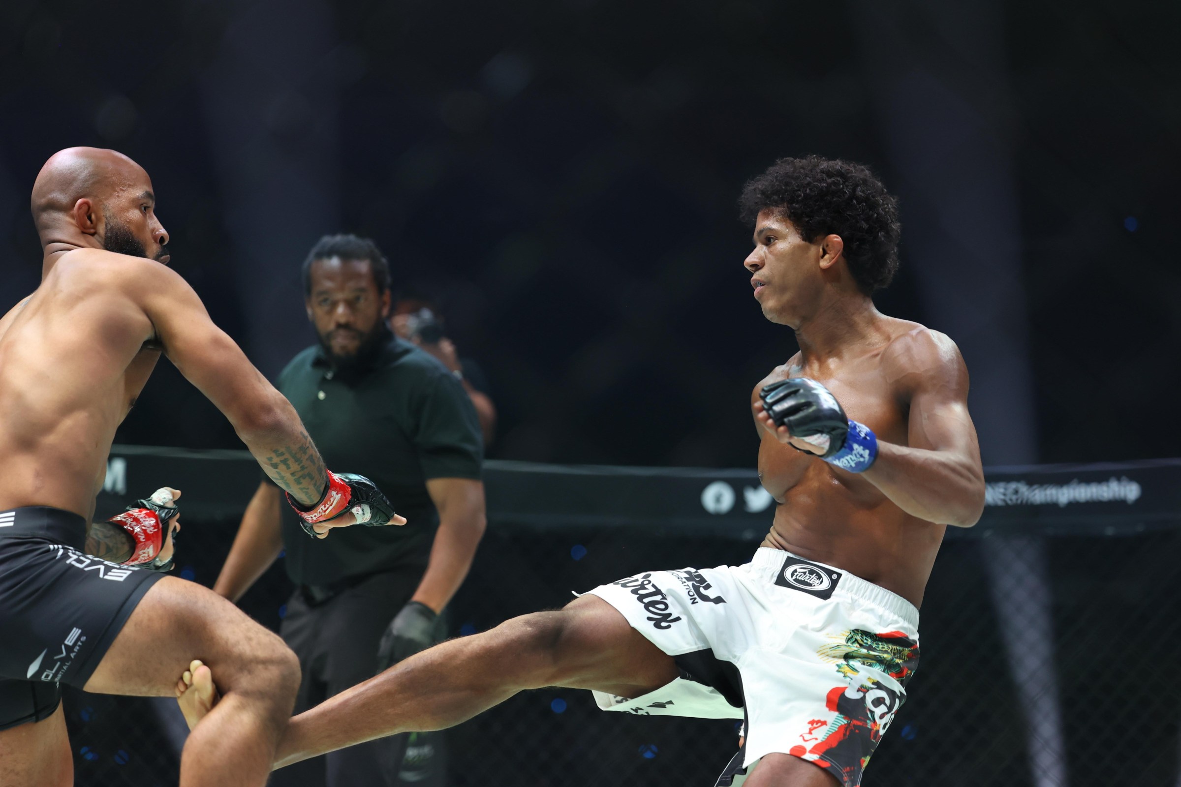 DENVER, COLORADO - MAY 5: (L-R) Demetrious Johnson checks Adriano Moraes kick during ONE Championship Fight Night 10 on May 05, 2023, at the 1st Bank Center in Denver, Colorado. (Photo by Christopher Colon/Pximages/Icon Sportswire via Getty Images)