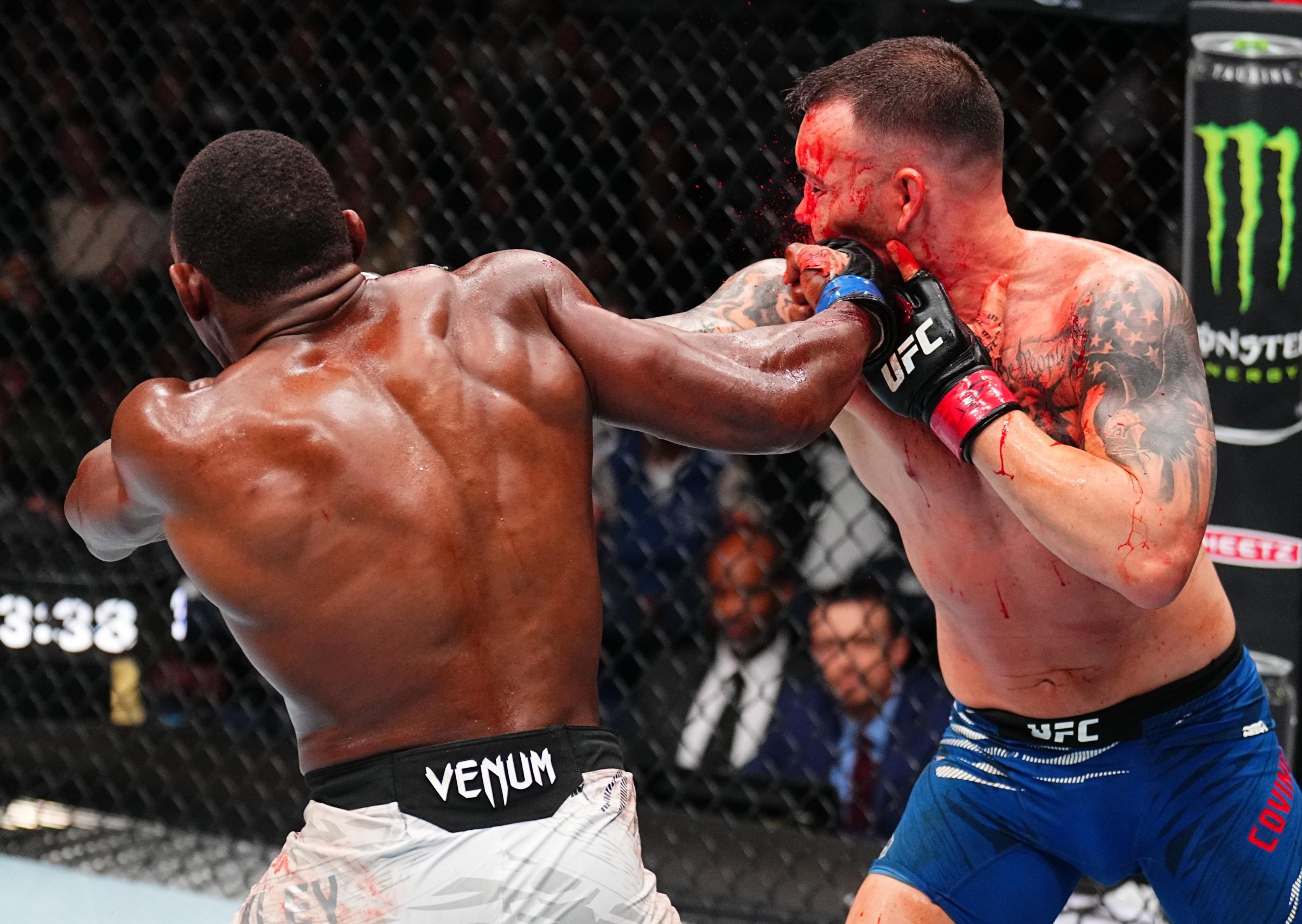 TAMPA, FLORIDA - DECEMBER 14: (L-R) Joaquin Buckley and Colby Covington trade punches in a welterweight fight during the UFC Fight Night event at Amalie Arena on December 14, 2024 in Tampa, Florida. (Photo by Chris Unger/Zuffa LLC)