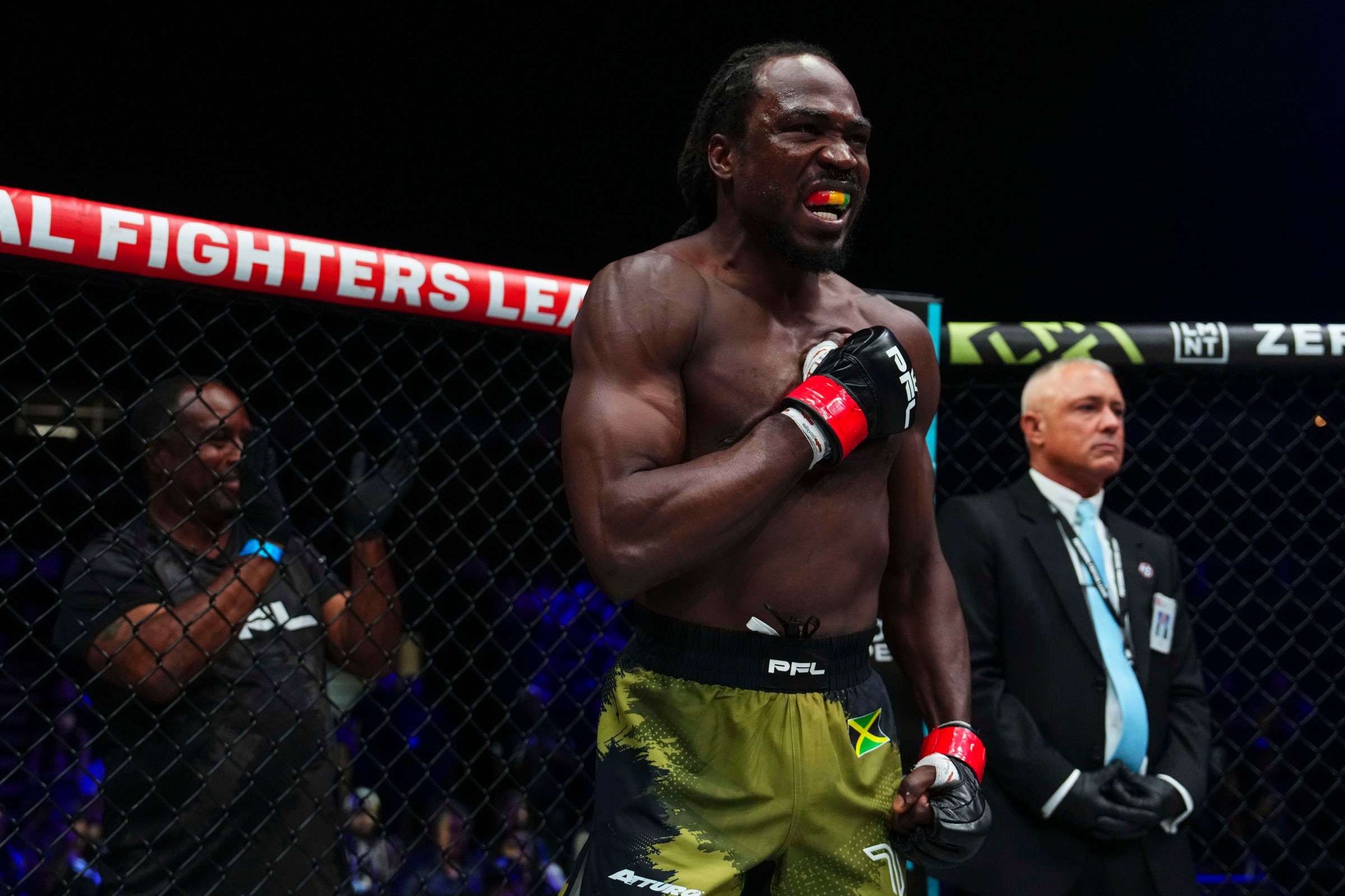 NASHVILLE, TN - JUNE 12: Jason Jackson looks on before fighting Thad Jean during the semifinals of the PFL 2025 World Tournament at Nashville Municipal Auditorium on June 12, 2025 in Nashville, Florida. (Photo by Cooper Neill/Getty Images)
