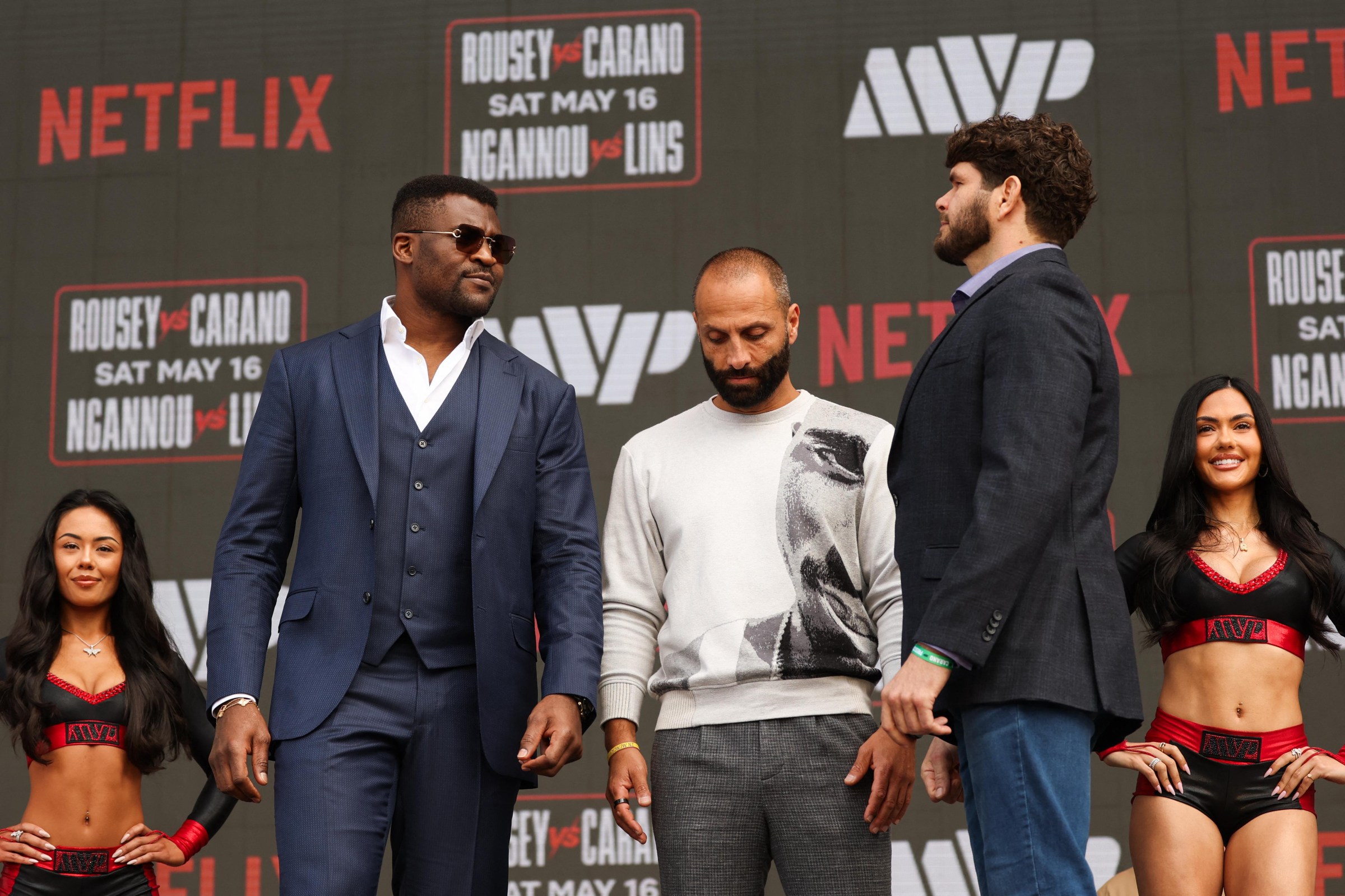 Cameroonian-French Francis Ngannou (L) and Brazilian Philipe Lins face off during the Most Valuable Promotions (MVP) and Netflix 5X5 Professional MMA bound pre-fight press conference outside the Intuit Dome in Inglewood, California on March 10, 2026. Rhonda Rousey will face Gina Carano on May 16, 2026. Both fighters will be returning after lengthy retirements. Ngannou will face Lins in the undercard match. (Photo by Patrick T. Fallon / AFP via Getty Images)