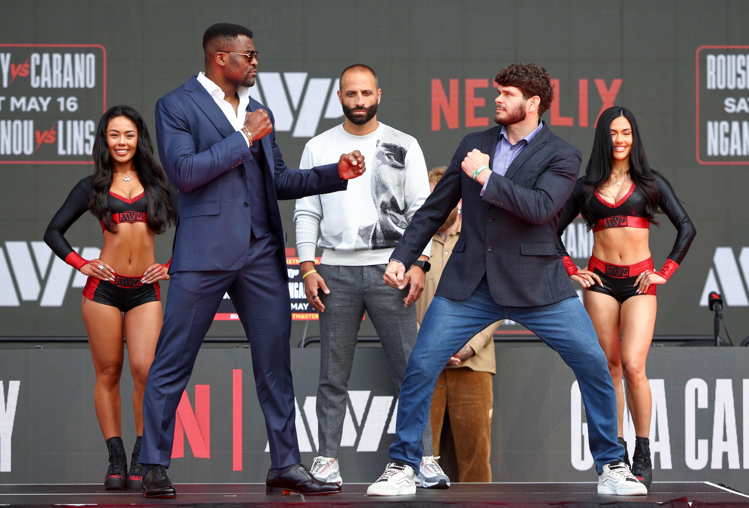 INGLEWOOD, CALIFORNIA - MARCH 10: Francis Ngannouand Philipe Lins face off during Netflix’s Ronda Rousey x Gina Carano Los Angeles MMA Press Conference at Intuit Dome on March 10, 2026 in Inglewood, California. (Photo by Melina Pizano/Getty Images for Netflix)