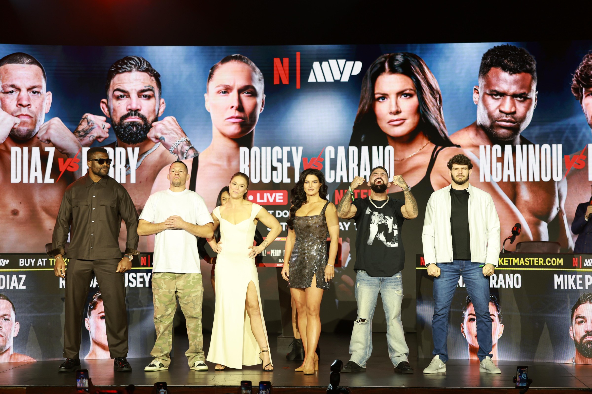 NEW YORK, NY - APRIL 15: (L-R) Francis N’gannou, Nate Diaz, Ronda Rousey, Gina Carano, Mike Perry and Philipe Lins attend Rousey vs. Carano NYC Press Conference at The Palladium on April 15, 2026 in New York, New York. (Photo by Sarah Stier/Getty Images for Netflix)