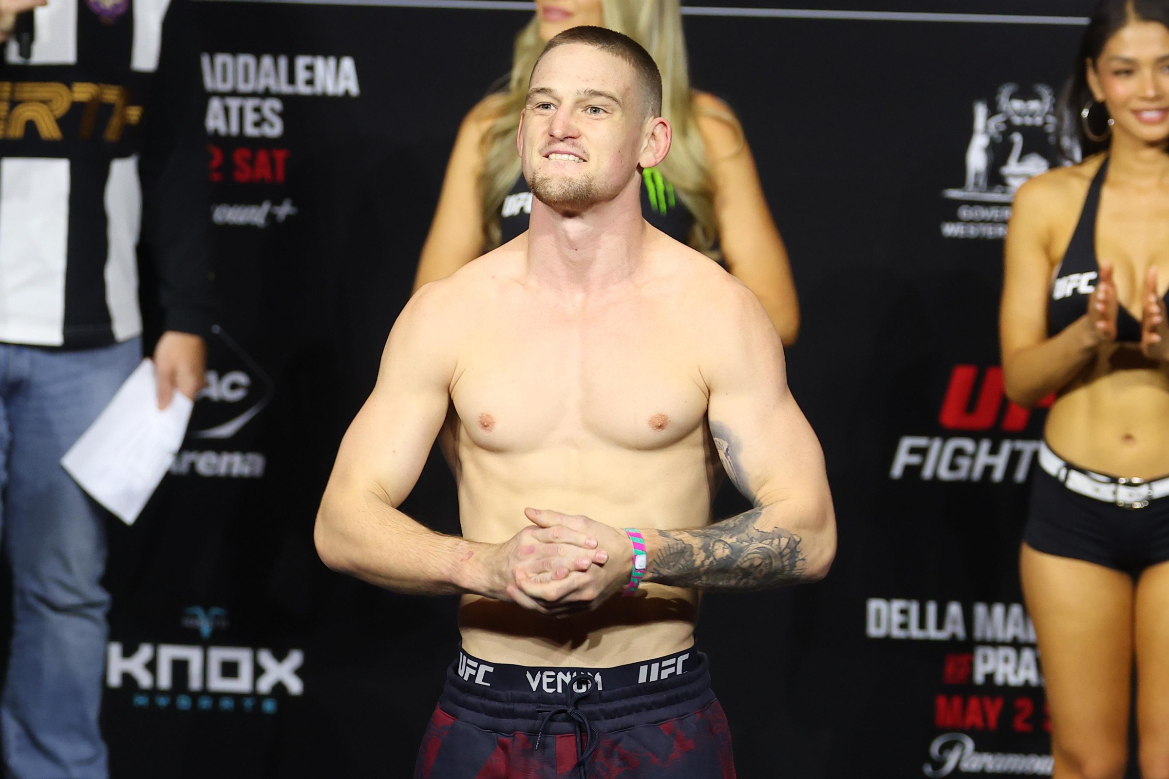 PERTH, AUSTRALIA - MAY 01: Ollie Schmid poses on the scale during the UFC Fight Night ceremonial weigh-in at RAC Arena on May 01, 2026 in Perth, Australia. (Photo by Ed Mulholland/Zuffa LLC)