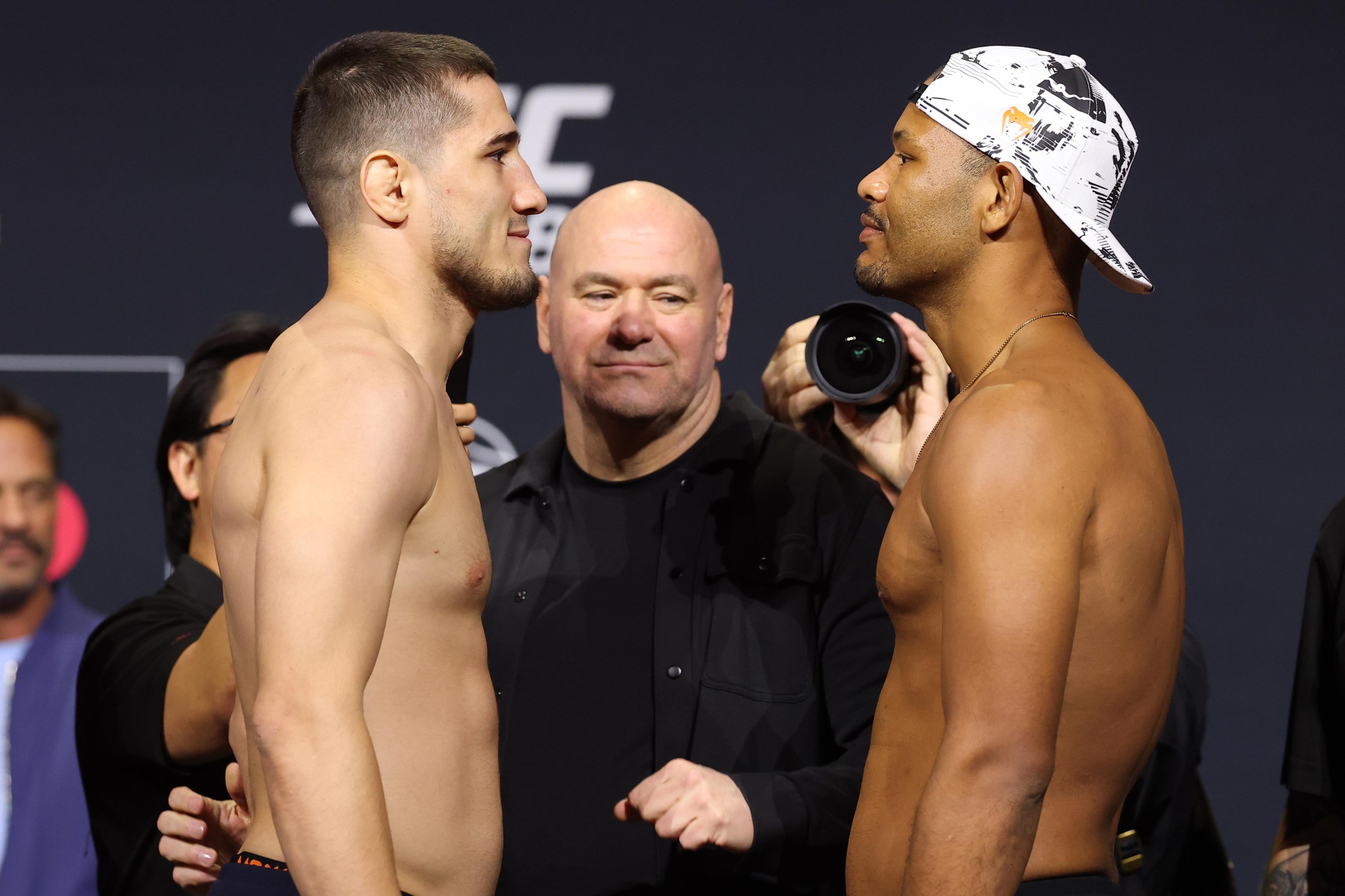 NEWARK, NEW JERSEY - MAY 08: (L-R) Opponents Baisangur Susurkaev of Russia and Djorden Santos of Brazil face off during the UFC 328 ceremonial weigh-in at Prudential Center on May 08, 2026 in Newark, New Jersey. (Photo by Ed Mulholland/Zuffa LLC)