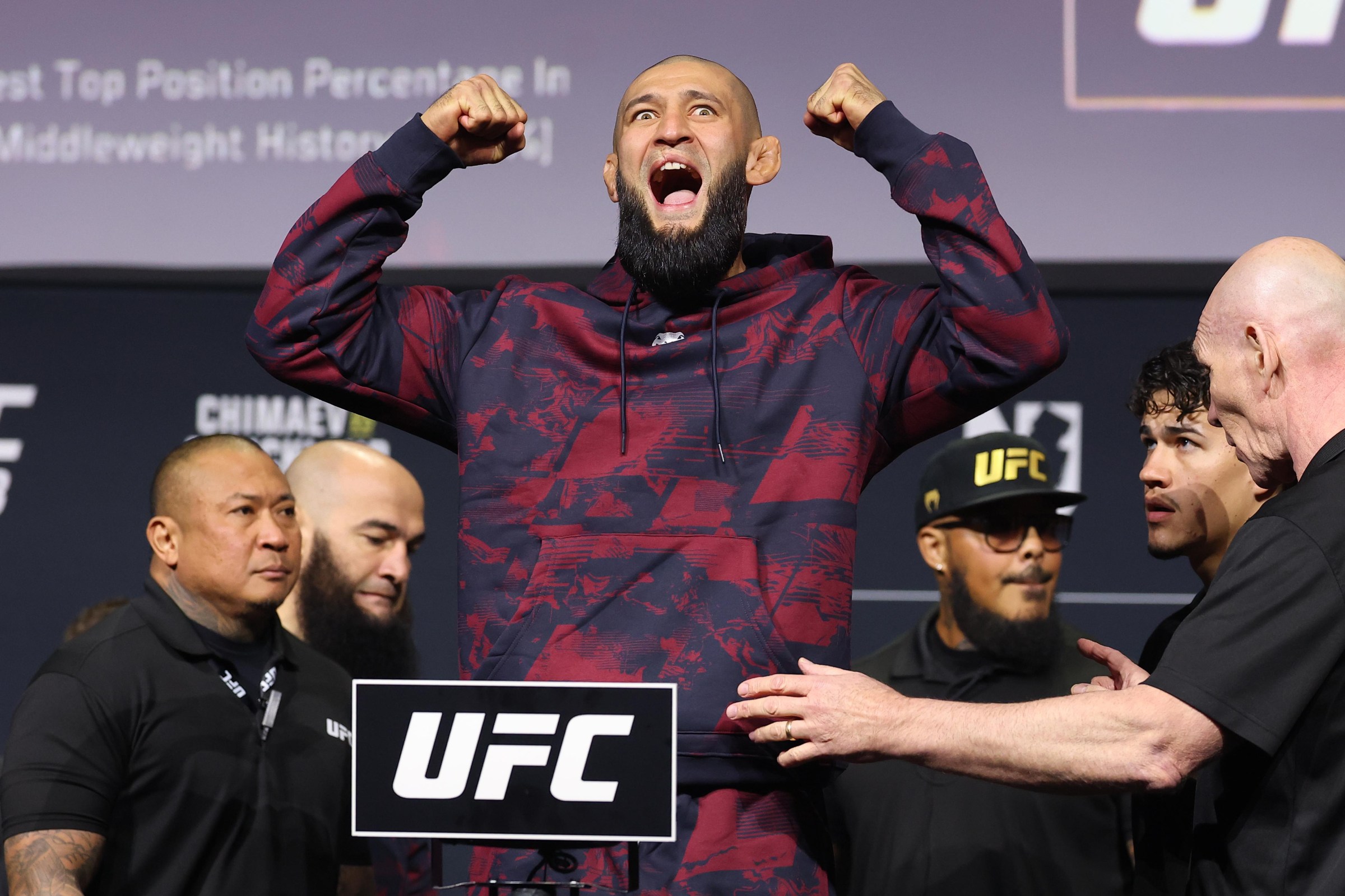 NEWARK, NEW JERSEY - MAY 08: Khamzat Chimaev of Russia poses on the scale during the UFC 328 ceremonial weigh-in at Prudential Center on May 08, 2026 in Newark, New Jersey. (Photo by Ed Mulholland/Zuffa LLC)