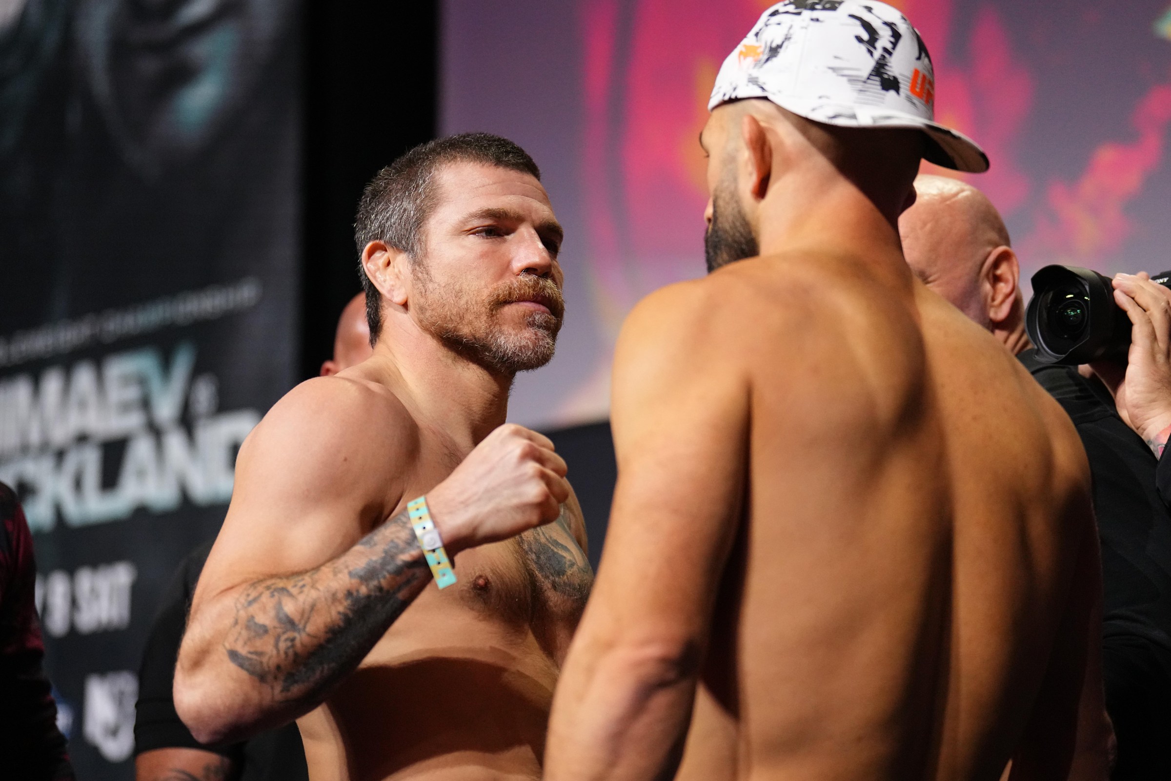 NEWARK, NEW JERSEY - MAY 08: (L-R) Opponents Jim Miller and Jared Gordon face off during the UFC 328 ceremonial weigh-in at Prudential Center on May 08, 2026 in Newark, New Jersey. (Photo by Chris Unger/Zuffa LLC)