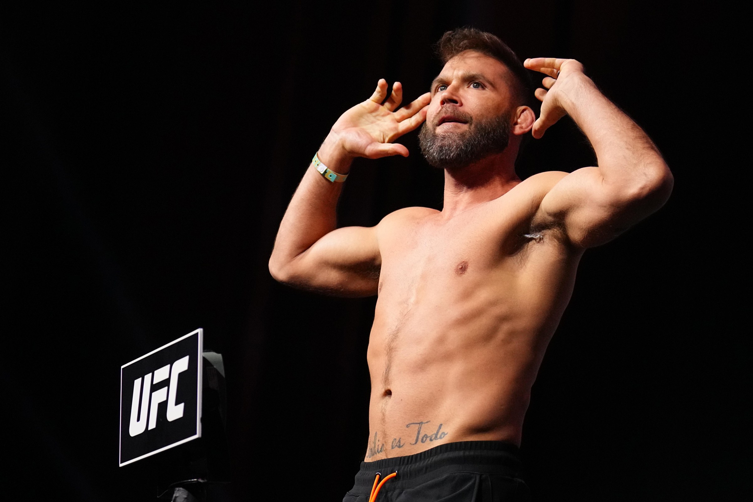 NEWARK, NEW JERSEY - MAY 08: Jeremy Stephens poses on the scale during the UFC 328 ceremonial weigh-in at Prudential Center on May 08, 2026 in Newark, New Jersey. (Photo by Chris Unger/Zuffa LLC)