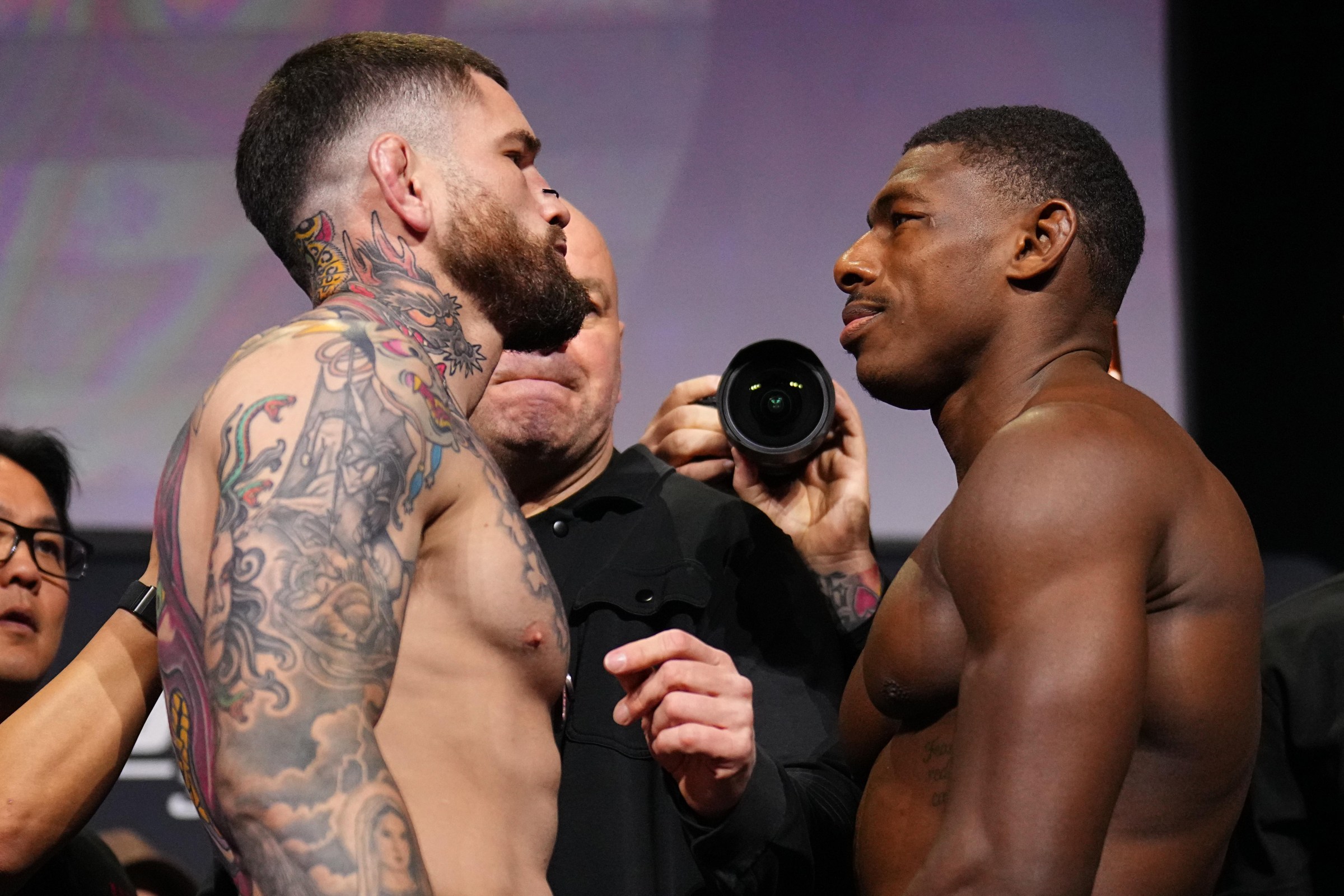 NEWARK, NEW JERSEY - MAY 08: (L-R) Opponents Sean Brady and Joaquin Buckley face off during the UFC 328 ceremonial weigh-in at Prudential Center on May 08, 2026 in Newark, New Jersey. (Photo by Chris Unger/Zuffa LLC)