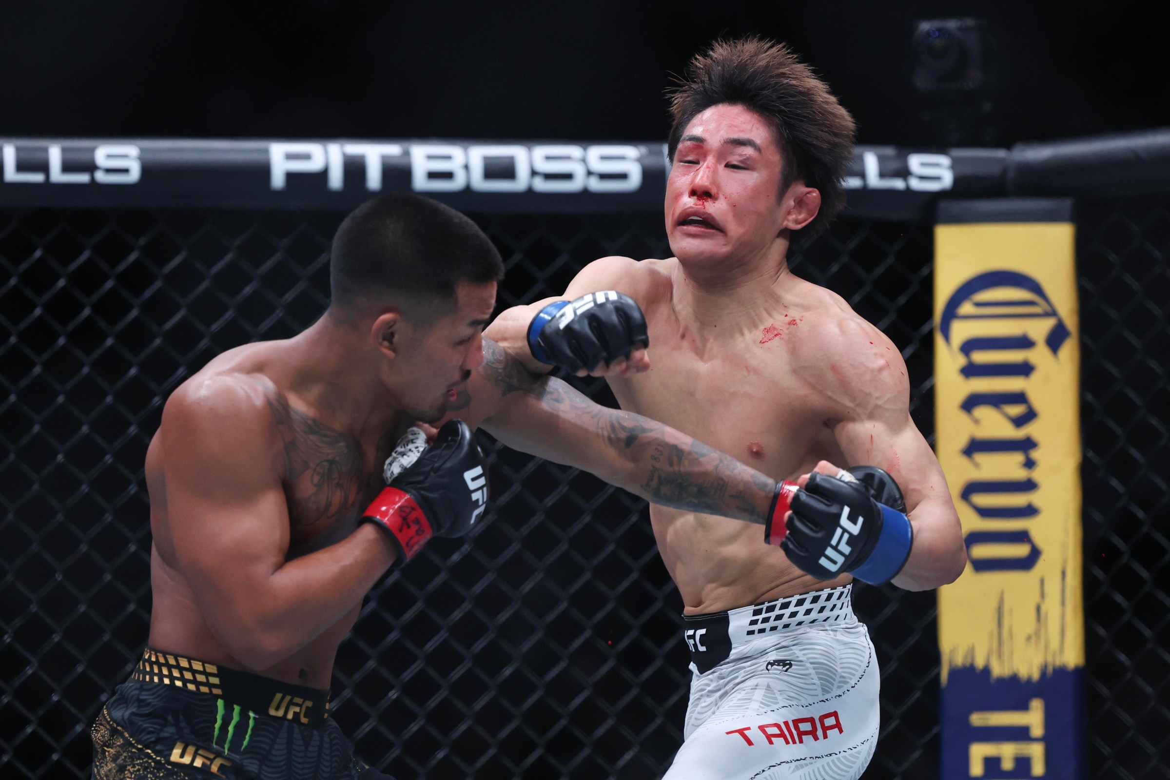 NEWARK, NEW JERSEY - MAY 09: Joshua Van of Myannmar, (L), punches Tatsuro Taira of Japan in a flyweight title bout during UFC 328 at the Prudential Center on May 09, 2026 in Newark, New Jersey. (Photo by Ishika Samant/Getty Images)