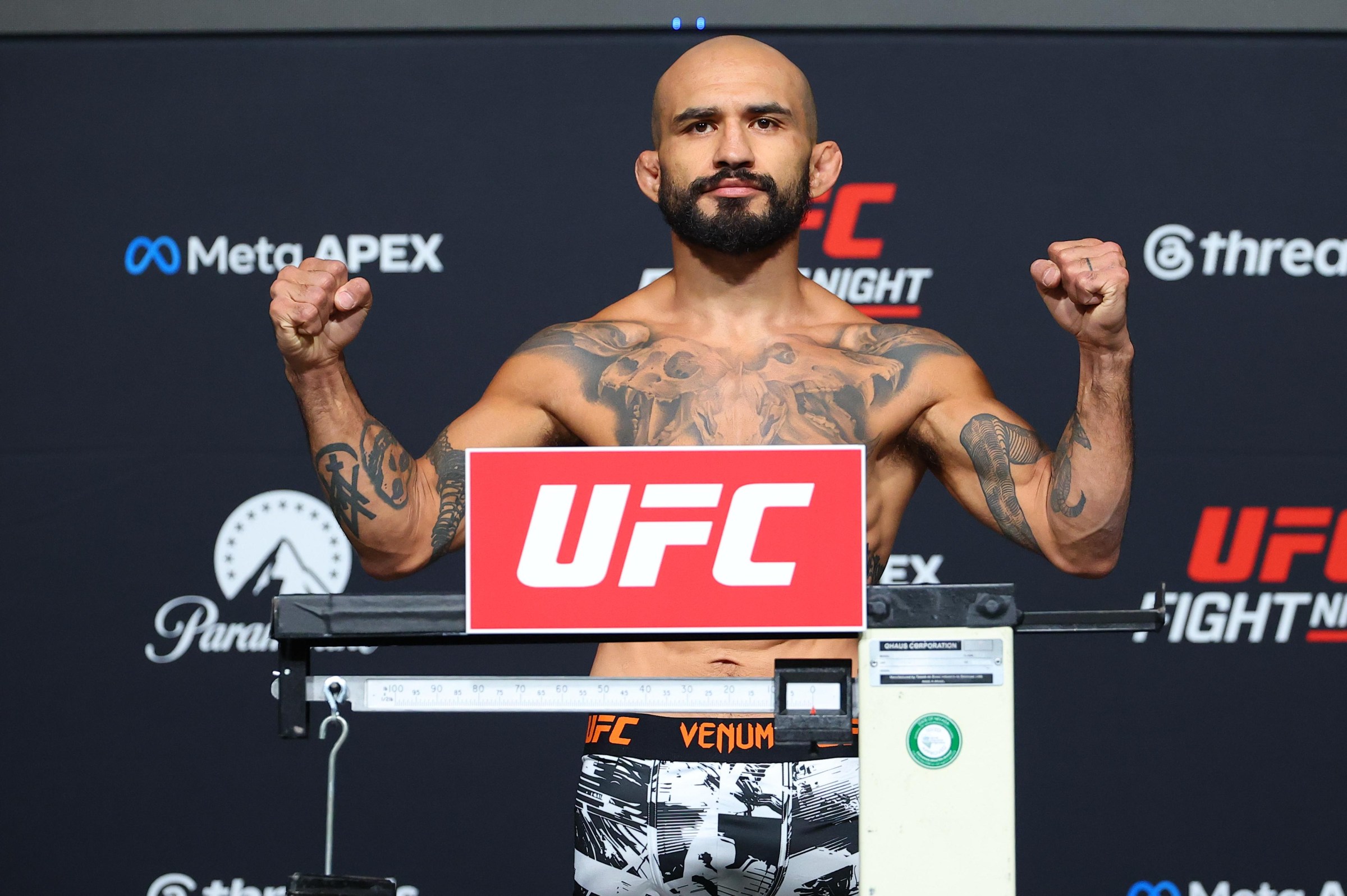 LAS VEGAS, NEVADA - MAY 15: Luis Gurule poses on the scale during the official weigh-in for UFC Fight Night at Meta APEX on May 15, 2026 in Las Vegas, Nevada. (Photo by Ed Mulholland/Zuffa LLC via Getty Images)