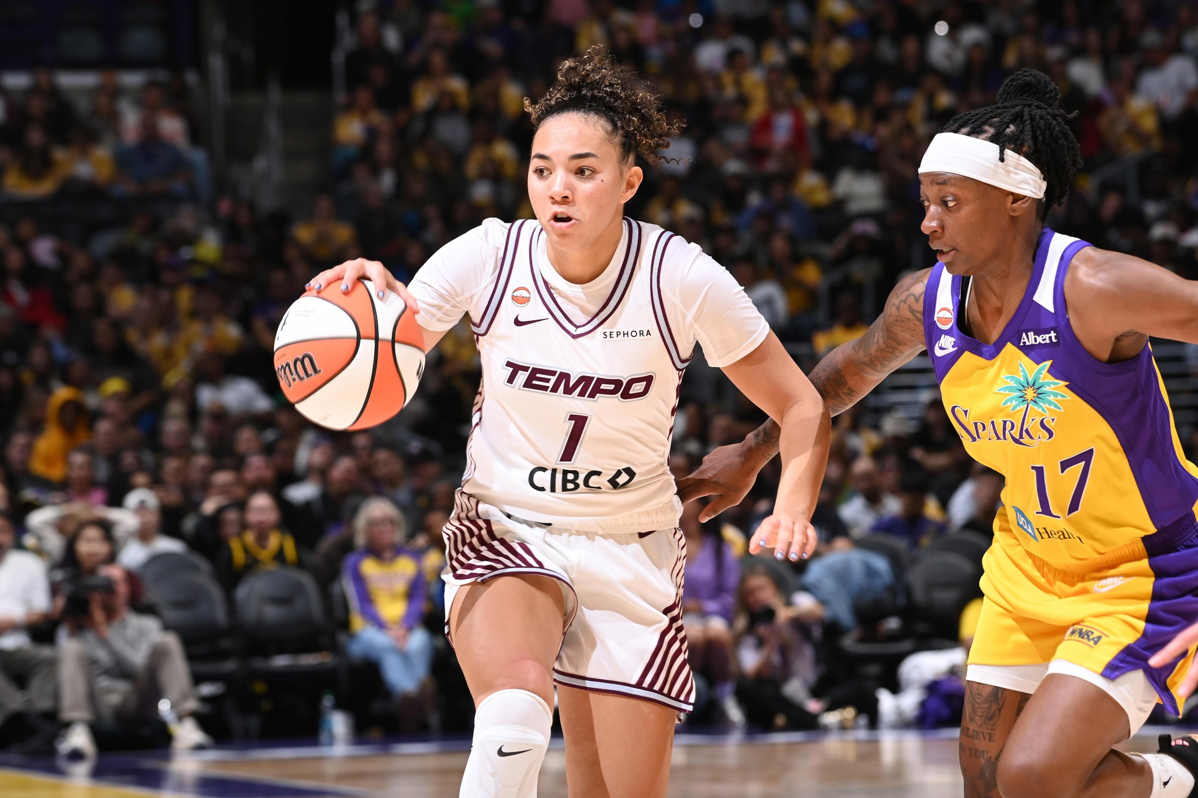 LOS ANGELES, CA - MAY 17: Kiki Rice #1 of the Toronto Tempo handles the ball during the game against the Los Angeles Sparks on May 17, 2026 at Crypto.com Arena in Los Angeles, California. NOTE TO USER: User expressly acknowledges and agrees that, by downloading and/or using this Photograph, user is consenting to the terms and conditions of the Getty Images License Agreement. Mandatory Copyright Notice: Copyright 2026 NBAE (Photo by Juan Ocampo/NBAE via Getty Images)