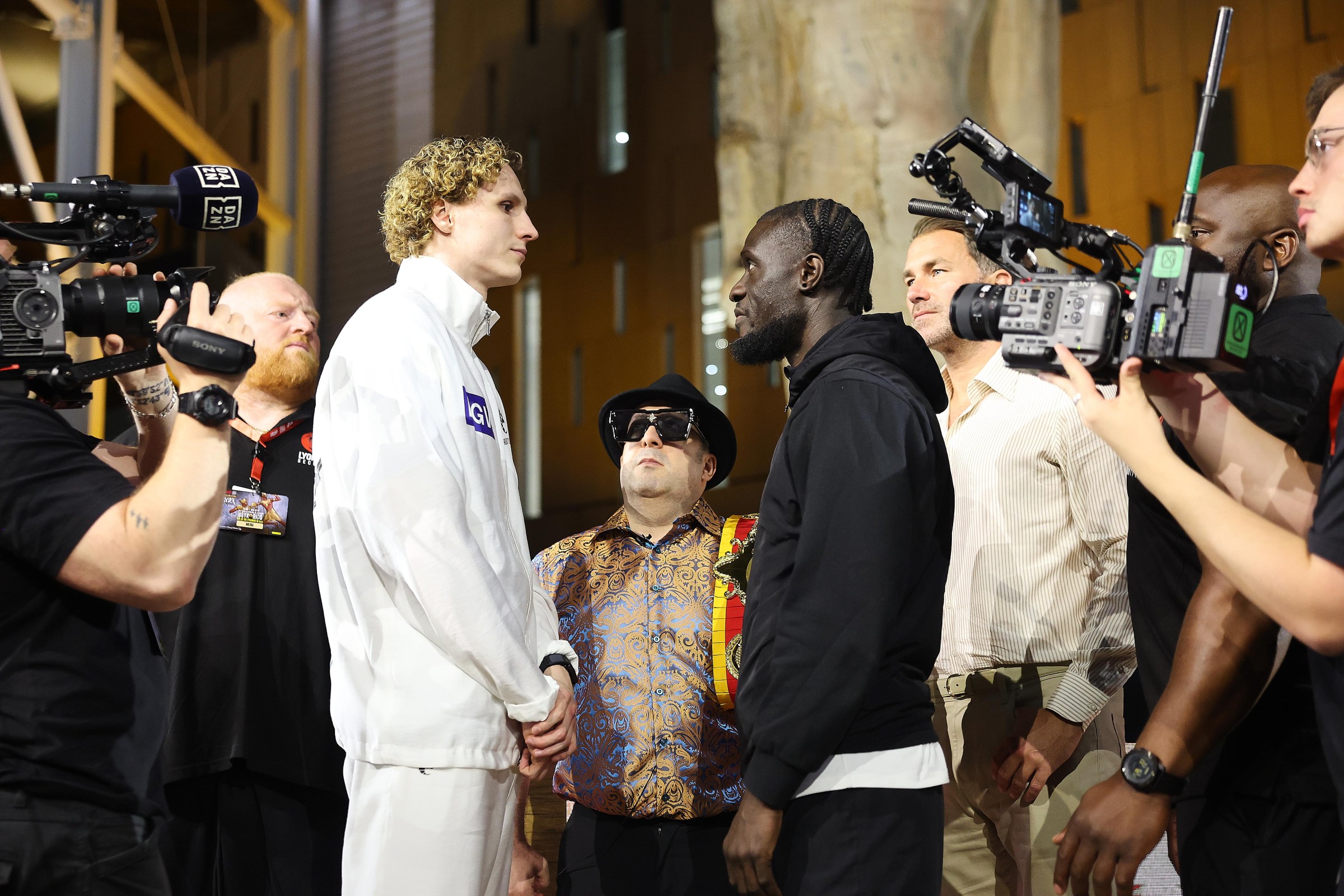 CAIRO, EGYPT - MAY 21: Daniel Lapin and Benjamin Mendes Tani face off ahead of their WBA, WBO and IBF Intercontinental Light Heavyweight Titles during the Glory in Giza Press Conference at the Grand Egyptian Museum on May 21, 2026 in Cairo, Egypt. (Photo by Mark Robinson/Getty Images).