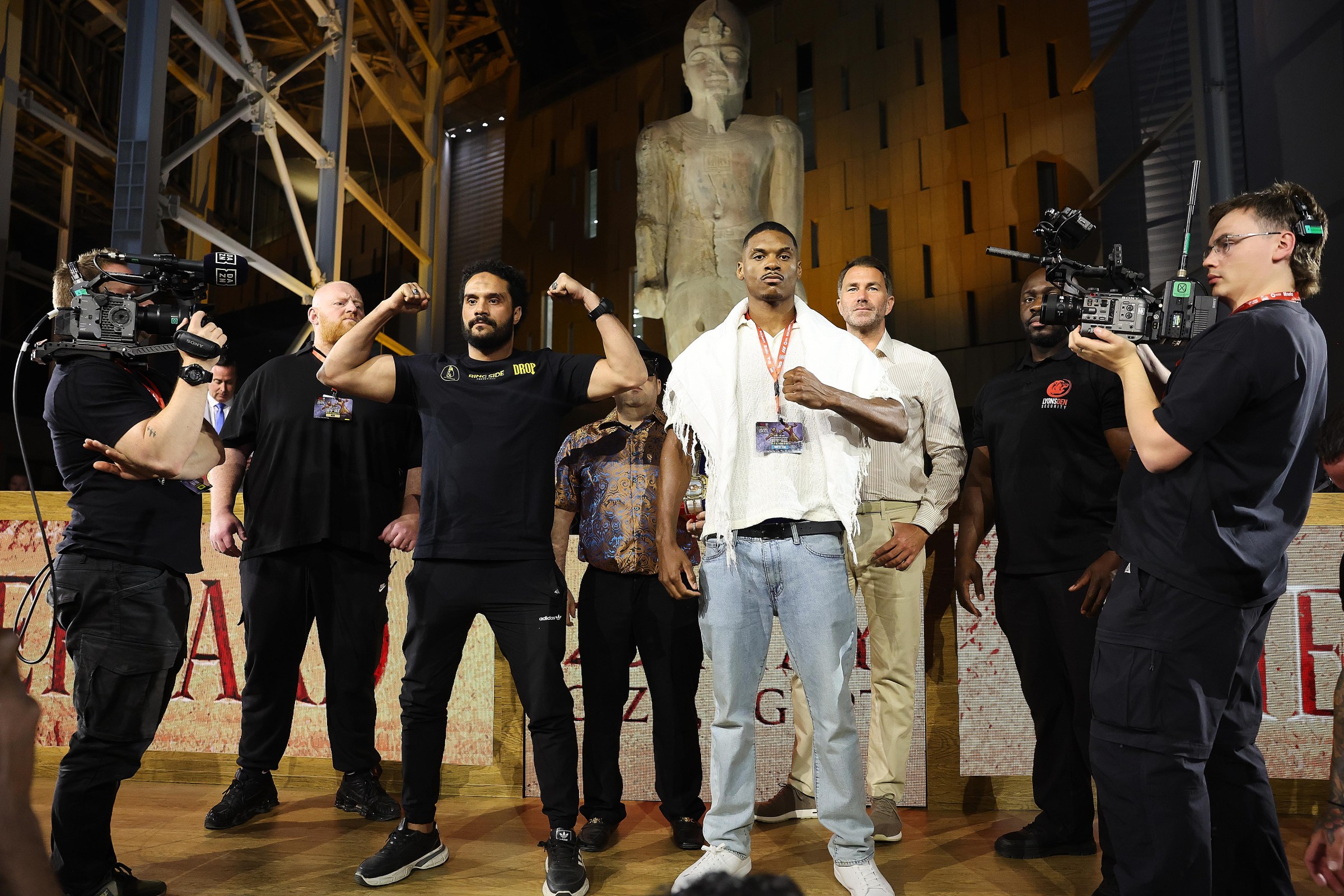 CAIRO, EGYPT - MAY 21: Basem Mamdouh (left) and Jamar Talley face off during the Glory in Giza Press Conference at the Grand Egyptian Museum on May 21, 2026 in Cairo, Egypt. (Photo by Mark Robinson/Getty Images).
