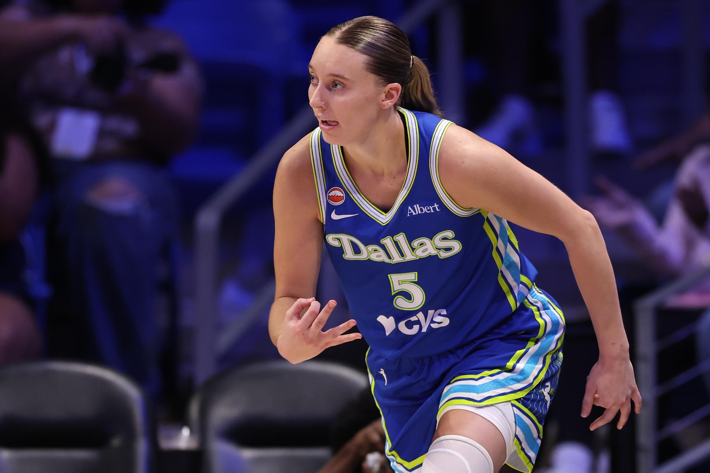 ARLINGTON, TEXAS - MAY 18: Paige Bueckers #5 of the Dallas Wings reacts after scoring during the fourth quarter against the Washington Mystics at College Park Center on May 18, 2026 in Arlington, Texas. NOTE TO USER: User expressly acknowledges and agrees that, by downloading and or using this photograph, user is consenting to the terms and conditions of the Getty Images License Agreement. (Photo by Sam Hodde/Getty Images)