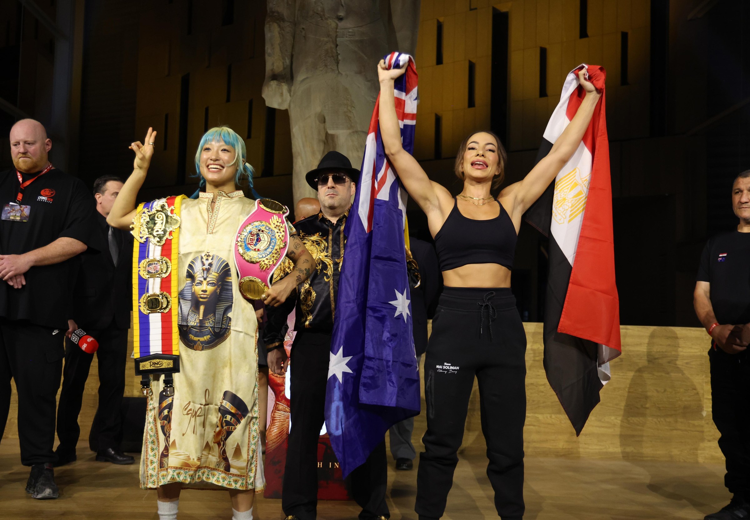CAIRO, EGYPT - MAY 22: Mizuki Hiruta (left) and Mai Soliman (right) Weigh In ahead of their WBO World Female Super Flyweight Title tomorrow night, at the Grand Egyptian Museum on May 22, 2026 in Cairo, Egypt. (Photo by Mark Robinson/Getty Images)