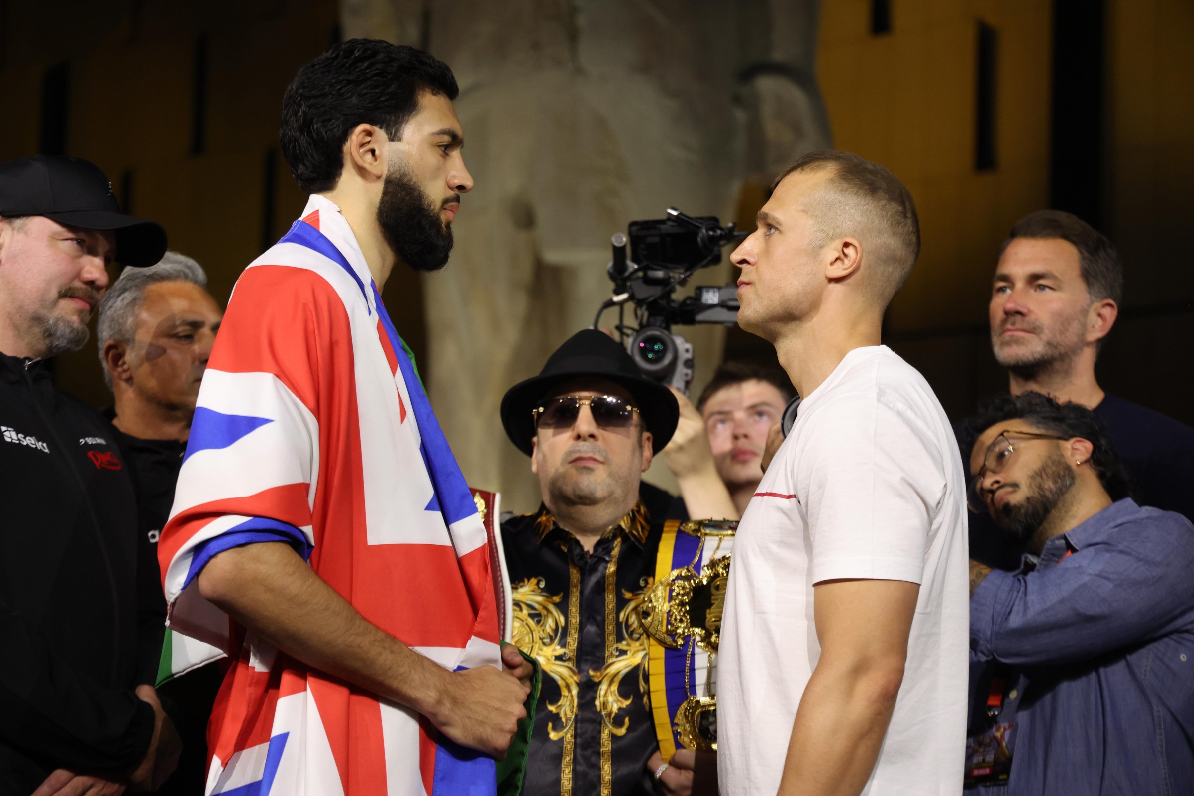 CAIRO, EGYPT - MAY 22: Hamzah Sheeraz (left) and Alem Begi (right)Weigh In ahead of their WBO World Super Middleweight Title fight tomorrow night, at the Grand Egyptian Museum on May 22, 2026 in Cairo, Egypt. (Photo by Mark Robinson/Getty Images)