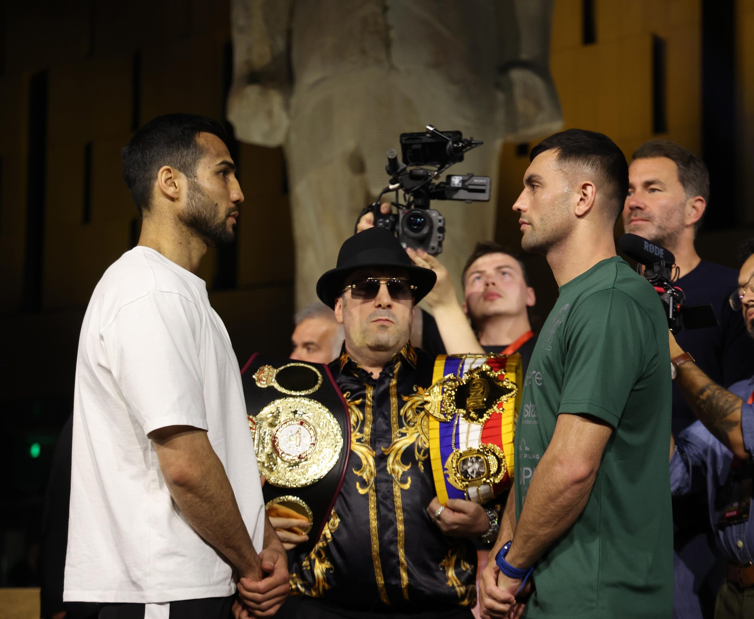 CAIRO, EGYPT - MAY 22: Shakhram Giyasov (left) and Jack Catterall (right)Weigh In ahead of their WBA Regular Welterweight Title fight tomorrow night., at the Grand Egyptian Museum on May 22, 2026 in Cairo, Egypt. (Photo by Mark Robinson/Getty Images)