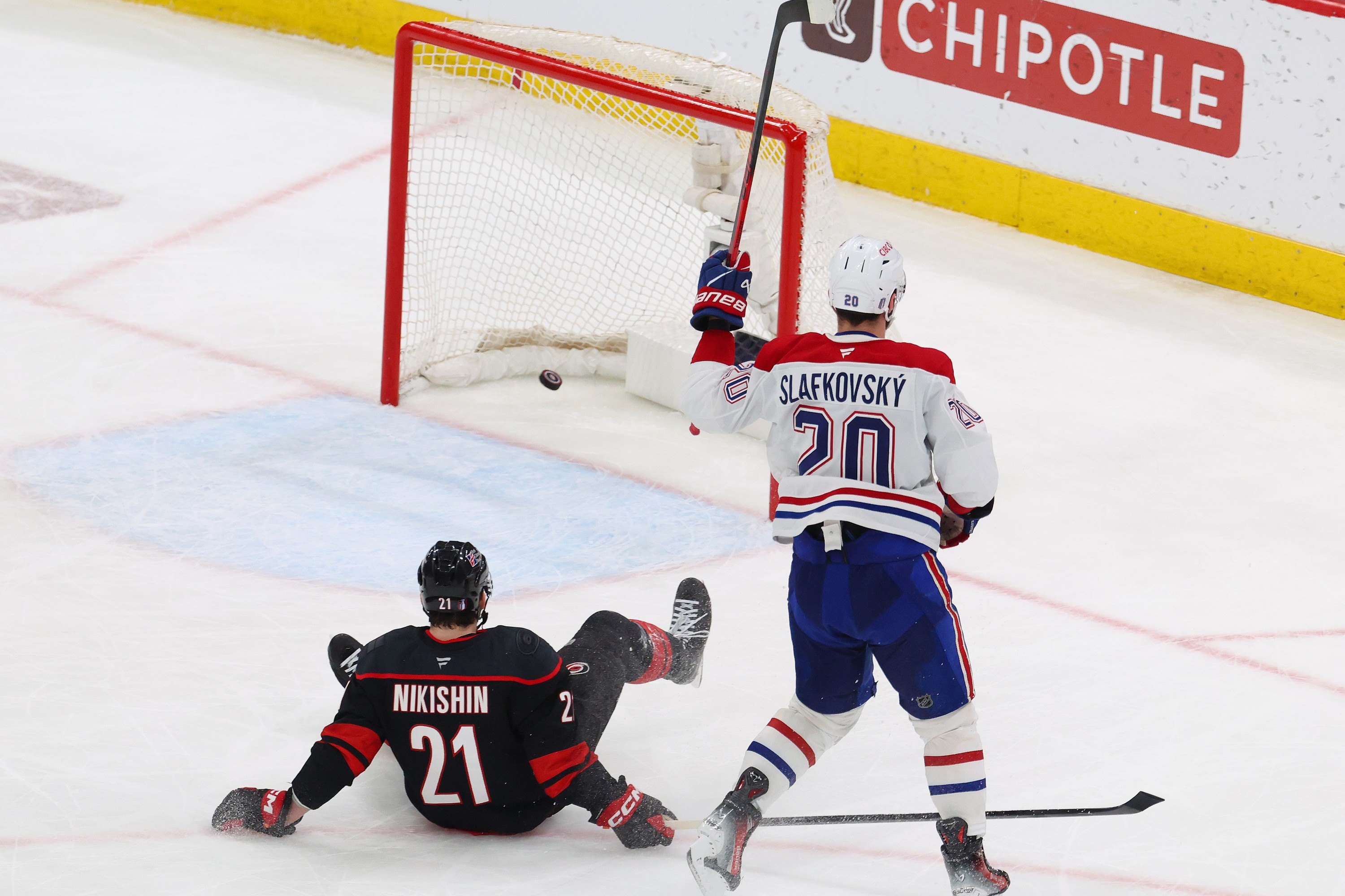 Canadiens' Juraj Slafkovsky celebrates after scoring an empty-net goal against the Carolina Hurricanes during the third period.