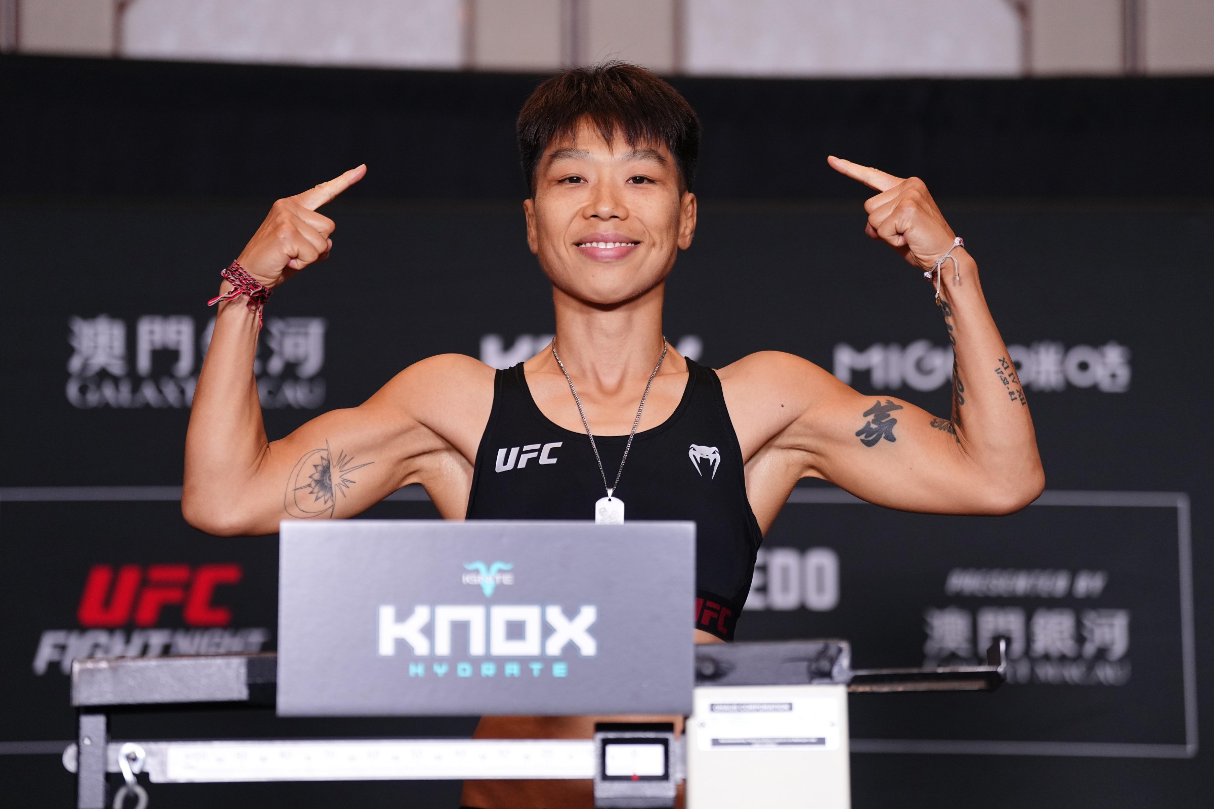 MACAU, CHINA - MAY 29: Xiong Jingnan of China poses on the scale during the UFC Fight Night official weigh-ins at Galaxy International Convention Center on May 29, 2026 in Macau, China. (Photo by Jeff Bottari/Zuffa LLC)